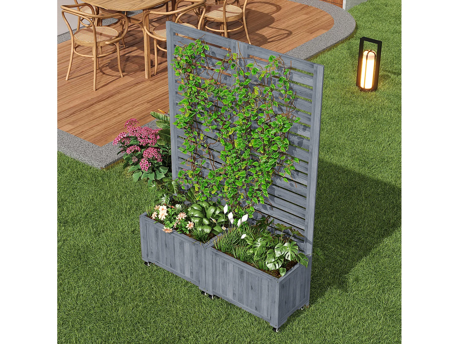 Double Jardinière avec Treillis en Bois de Sapin Massif - Brise-vue Mobile sur Roulettes - 102 x 32 x 152 cm - Gris