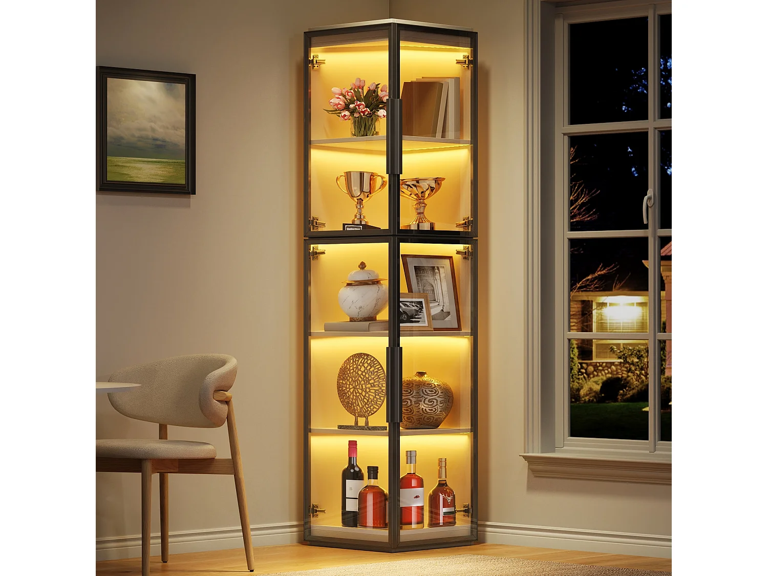 Glasvitrine 170 cm hoch mit LED-Beleuchtung - Mit 2 Türen und 5 Regalen - Transparentes Acrylglas - MDF - Weiß