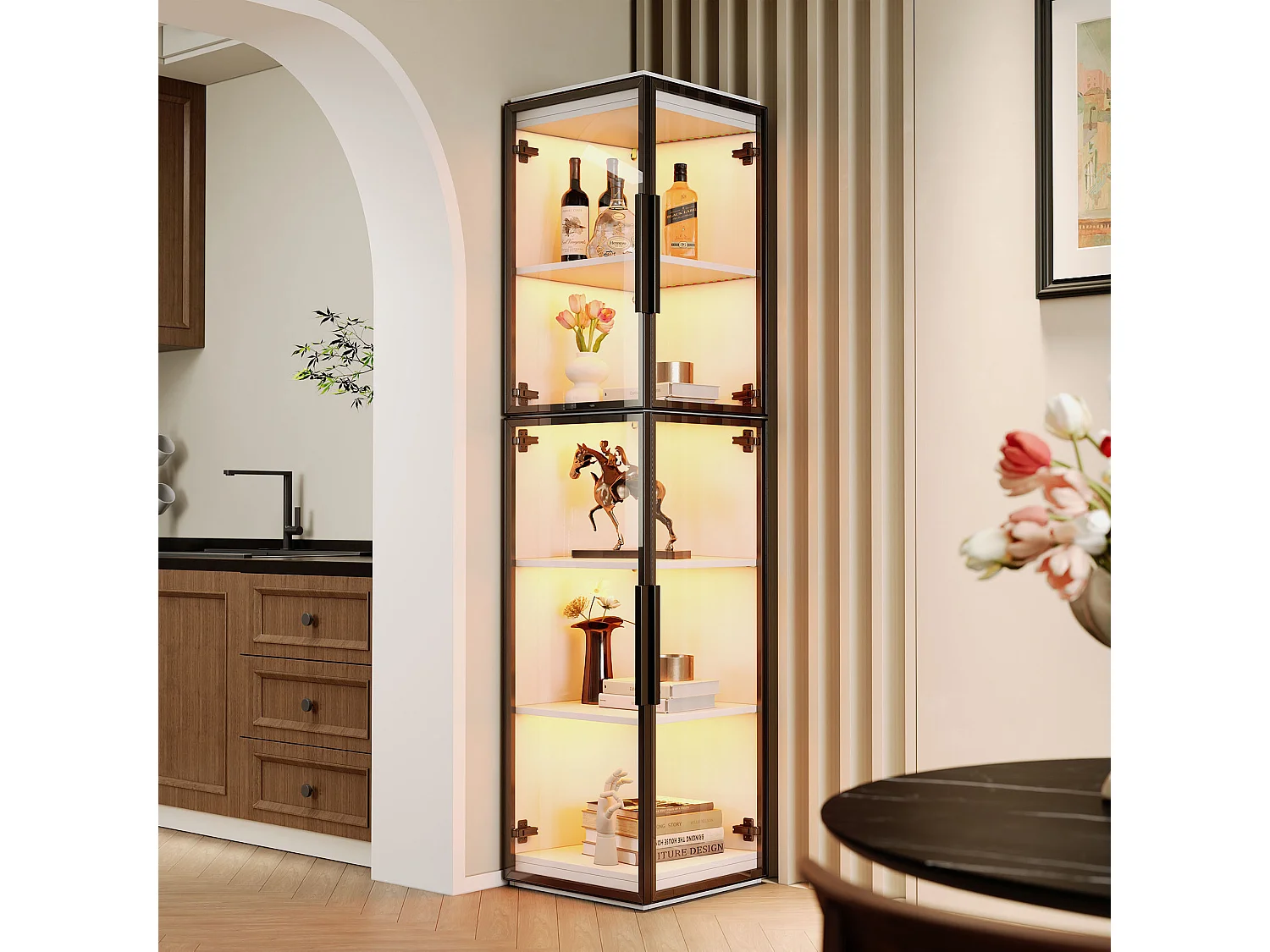 Glasvitrine 170 cm hoch mit LED-Beleuchtung - Mit 2 Türen und 5 Regalen - Transparentes Acrylglas - MDF - Weiß