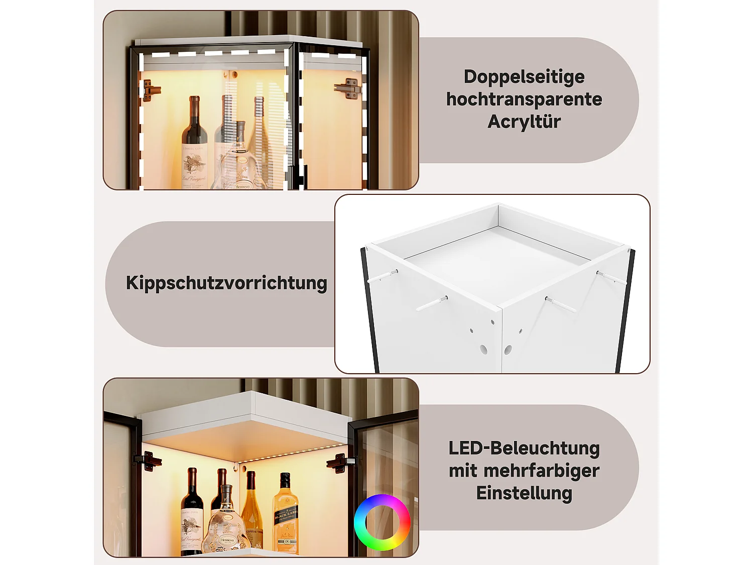 Glasvitrine 170 cm hoch mit LED-Beleuchtung - Mit 2 Türen und 5 Regalen - Transparentes Acrylglas - MDF - Weiß