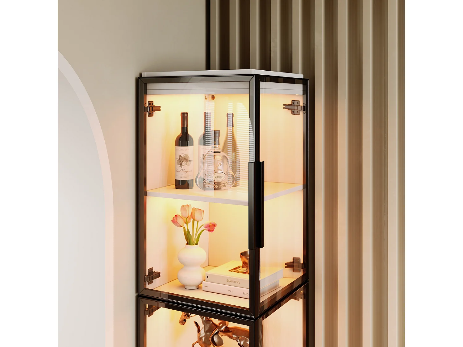 Vitrine en verre de 170 cm de haut avec éclairage LED - Avec 2 portes et 5 étagères - Acrylique transparent - MDF - Blanc
