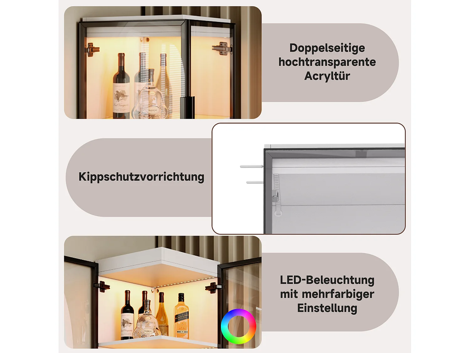 Vitrine en verre de 170 cm de haut avec éclairage LED - Avec 2 portes et 5 étagères - Acrylique transparent - MDF - Blanc