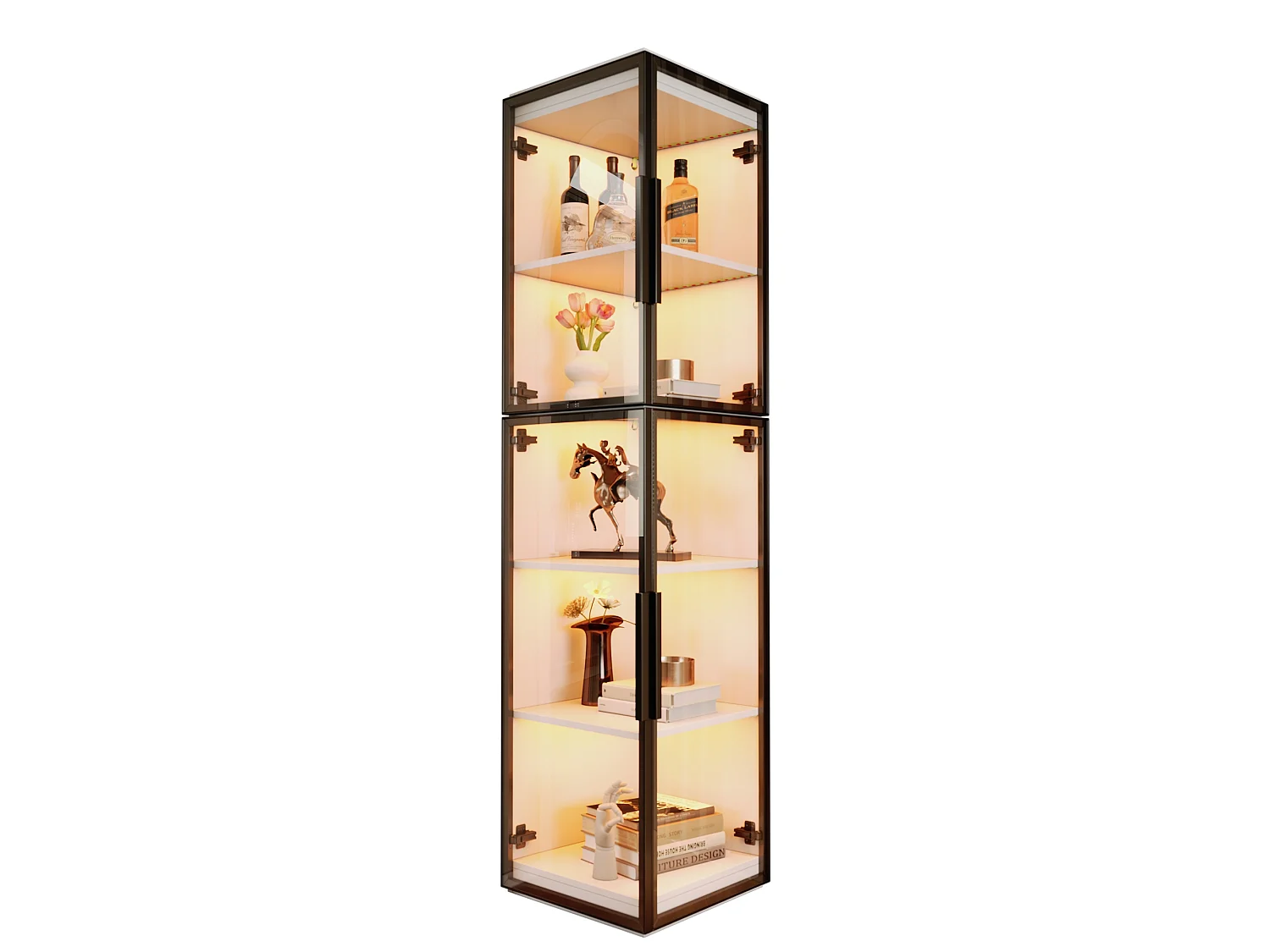 Vitrine en verre de 170 cm de haut avec éclairage LED - Avec 2 portes et 5 étagères - Acrylique transparent - MDF - Blanc