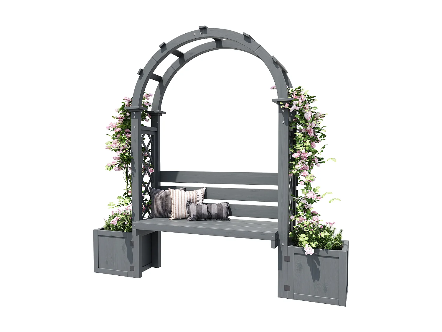 Banc de Jardin avec Arche de Pergola et Double Jardinière en Bois - Support Plantes Grimpantes - 160 x 30,5 x 160 cm - Gris