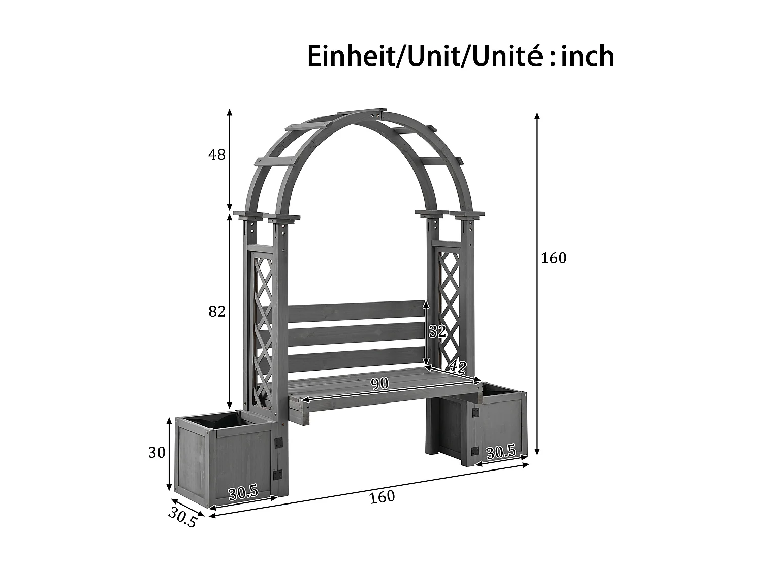 Banc de Jardin avec Arche de Pergola et Double Jardinière en Bois - Support Plantes Grimpantes - 160 x 30,5 x 160 cm - Gris