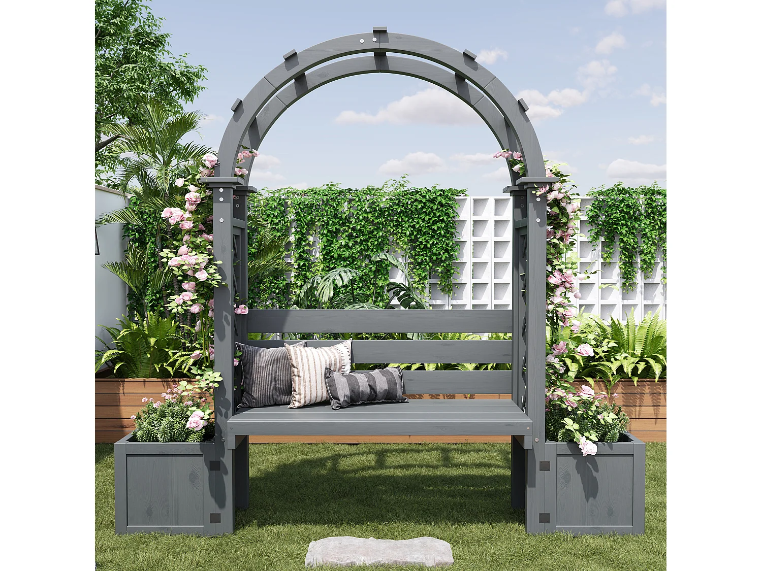Banc de Jardin avec Arche de Pergola et Double Jardinière en Bois - Support Plantes Grimpantes - 160 x 30,5 x 160 cm - Gris