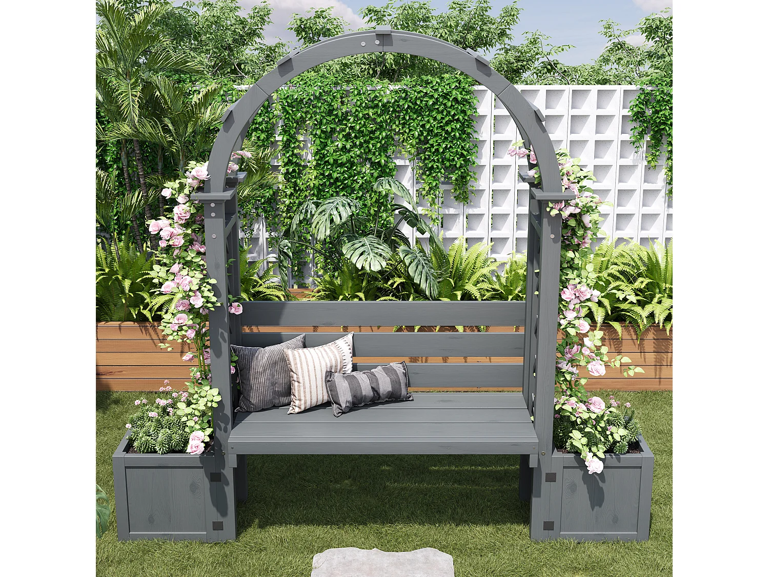 Banc de Jardin avec Arche de Pergola et Double Jardinière en Bois - Support Plantes Grimpantes - 160 x 30,5 x 160 cm - Gris