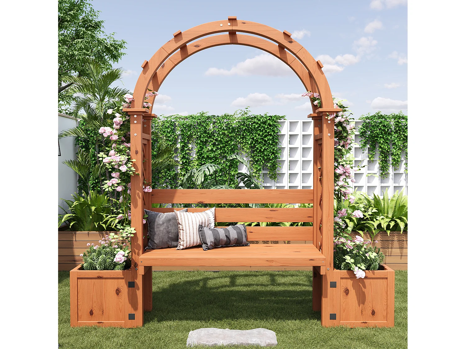 Banc de Jardin avec Arche de Pergola et Double Jardinière en Bois - Support Plantes Grimpantes - 160 x 30,5 x 160 cm - Naturel