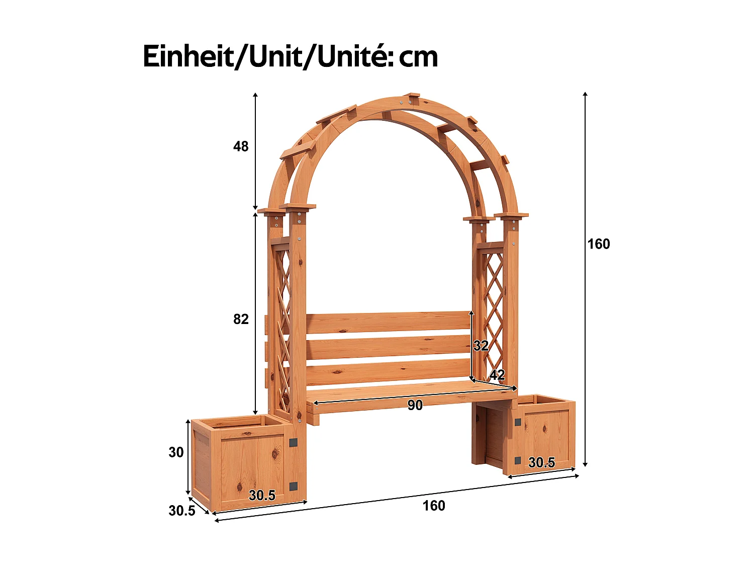 Banc de Jardin avec Arche de Pergola et Double Jardinière en Bois - Support Plantes Grimpantes - 160 x 30,5 x 160 cm - Naturel