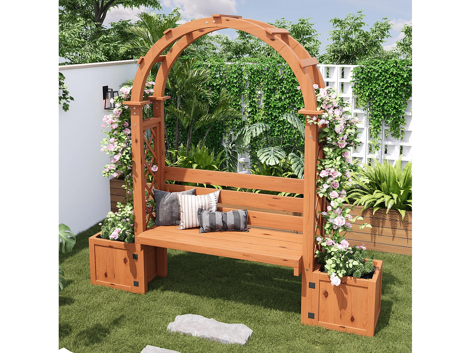 Banc de Jardin avec Arche de Pergola et Double Jardinière en Bois - Support Plantes Grimpantes - 160 x 30,5 x 160 cm - Naturel