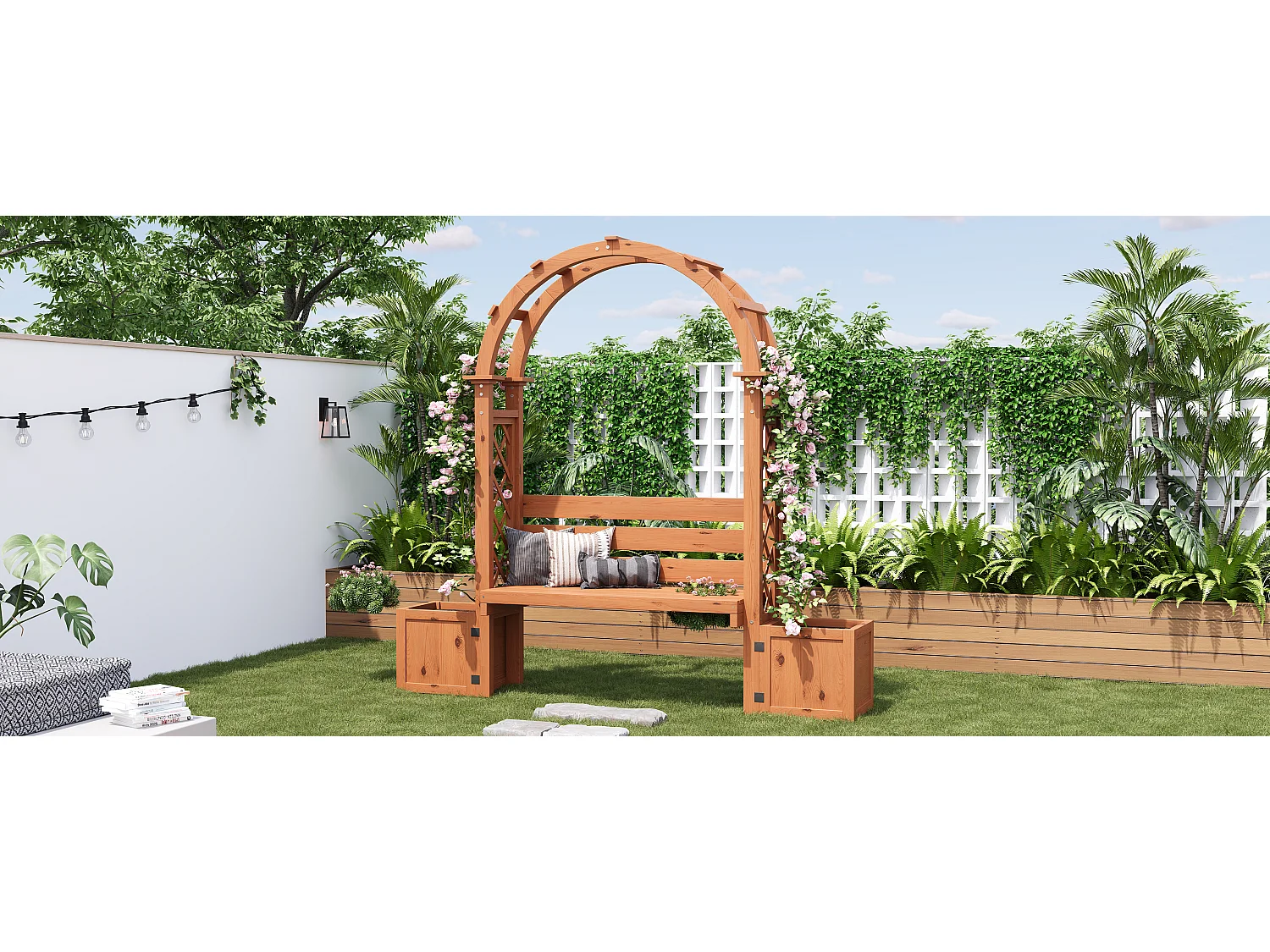 Banc de Jardin avec Arche de Pergola et Double Jardinière en Bois - Support Plantes Grimpantes - 160 x 30,5 x 160 cm - Naturel
