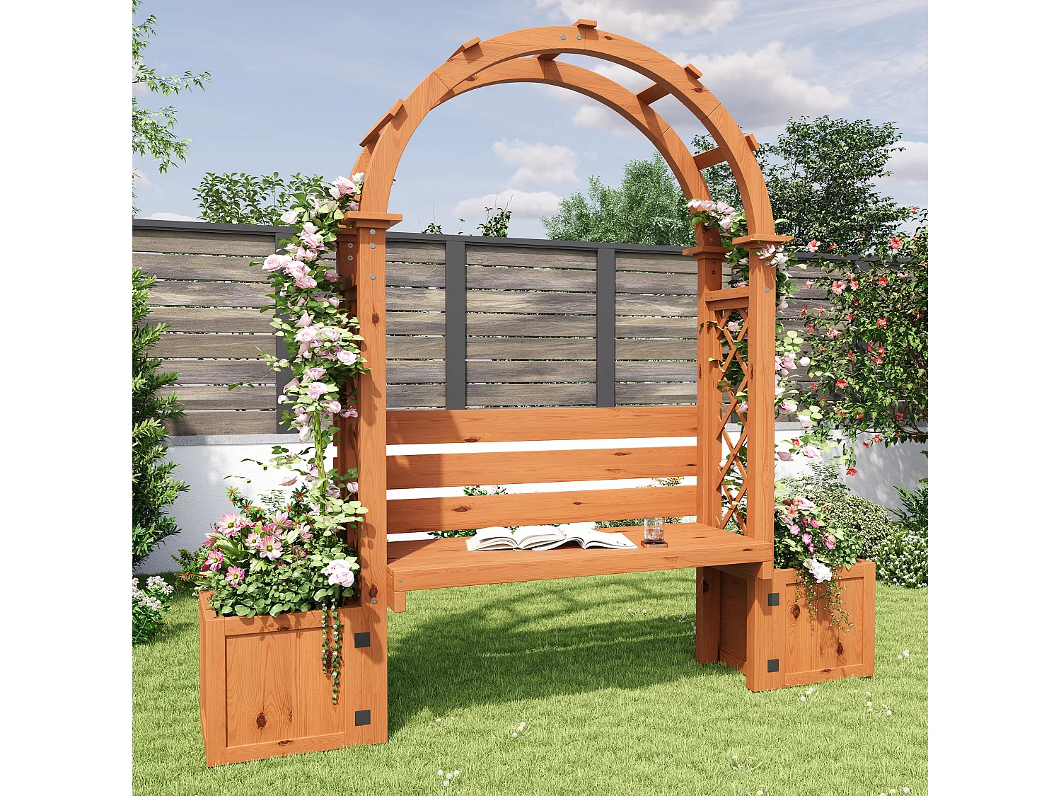 Banc de Jardin avec Arche de Pergola et Double Jardinière en Bois - Support Plantes Grimpantes - 160 x 30,5 x 160 cm - Naturel