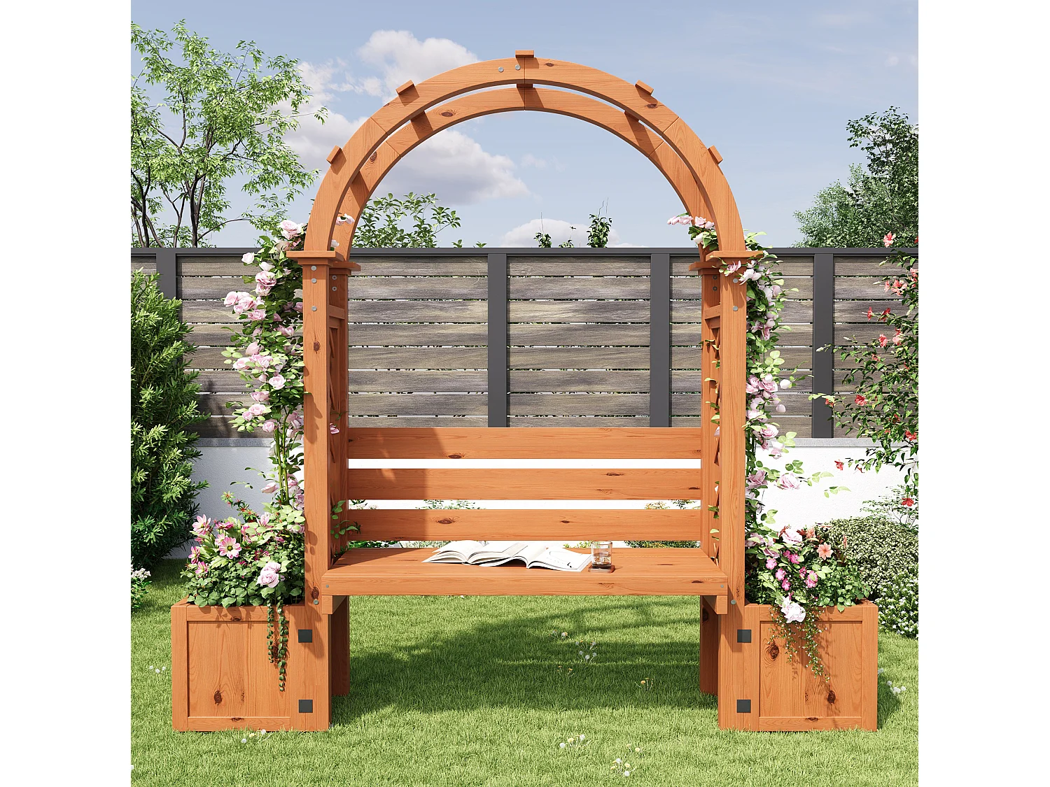 Banc de Jardin avec Arche de Pergola et Double Jardinière en Bois - Support Plantes Grimpantes - 160 x 30,5 x 160 cm - Naturel