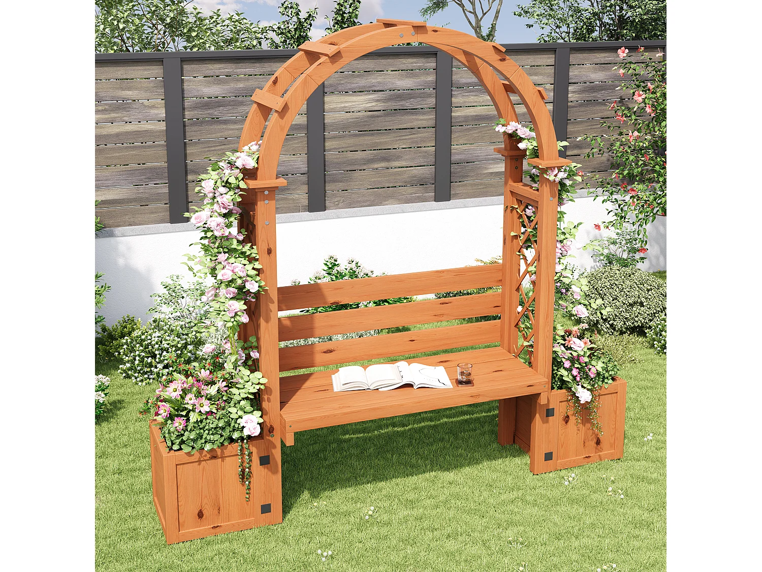 Banc de Jardin avec Arche de Pergola et Double Jardinière en Bois - Support Plantes Grimpantes - 160 x 30,5 x 160 cm - Naturel