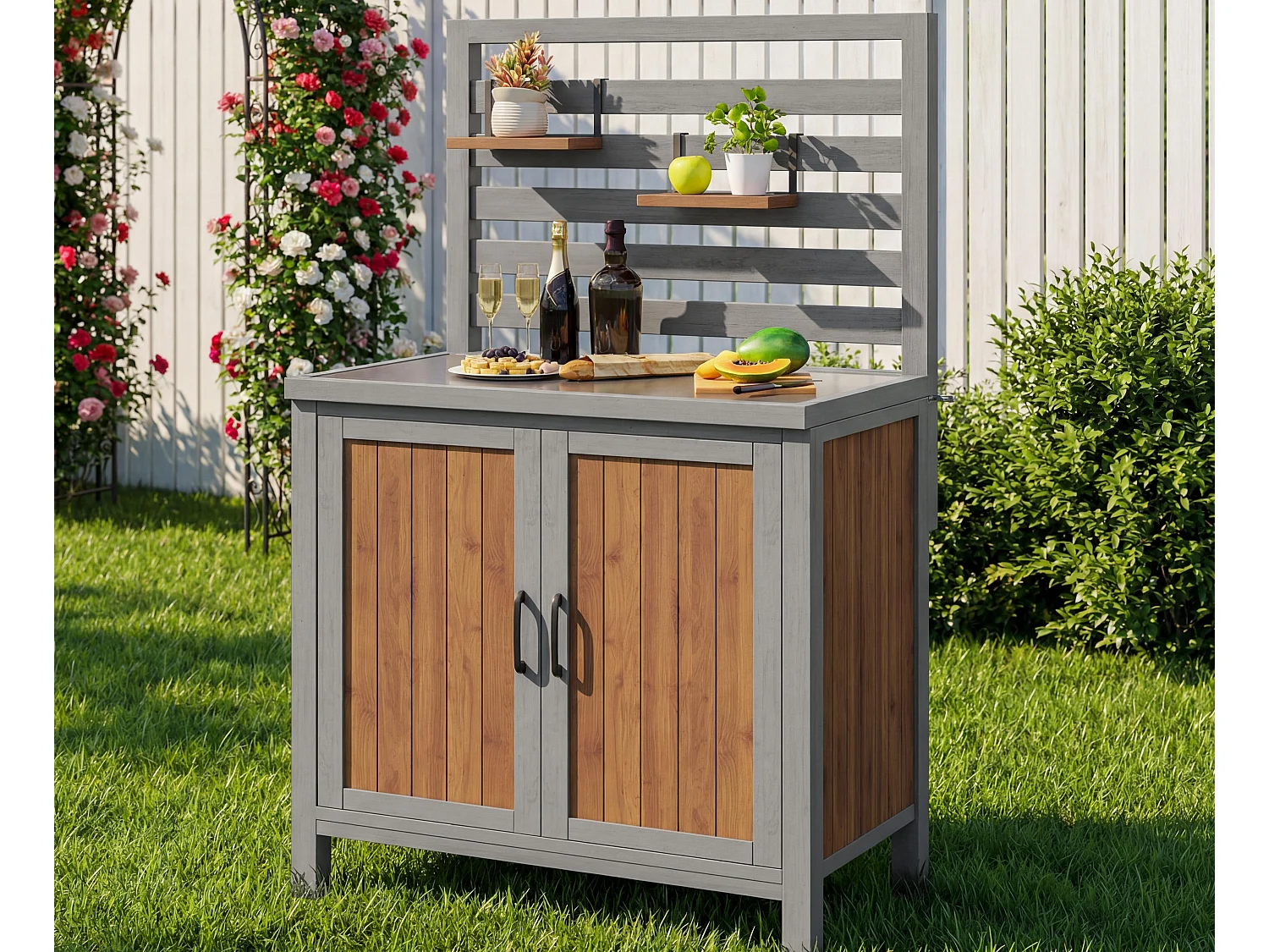 Gartenschrank aus Massivholz mit Edelstahl-Platte und Regal-Rückwand - Außenbuffet, Grillstation und Aufbewahrung - 80x54x148,5cm - Grau
