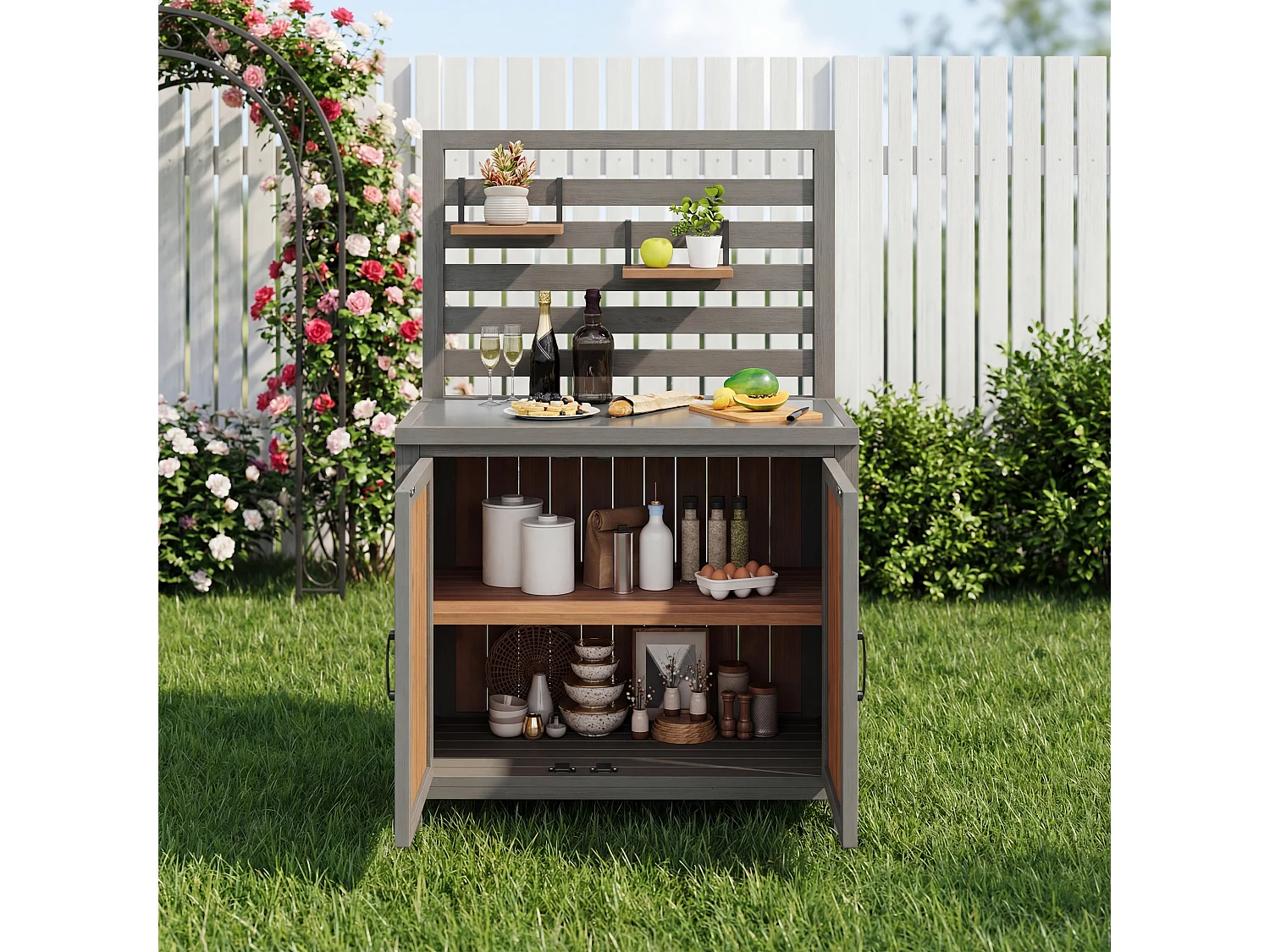 Gartenschrank aus Massivholz mit Edelstahl-Platte und Regal-Rückwand - Außenbuffet, Grillstation und Aufbewahrung - 80x54x148,5cm - Grau