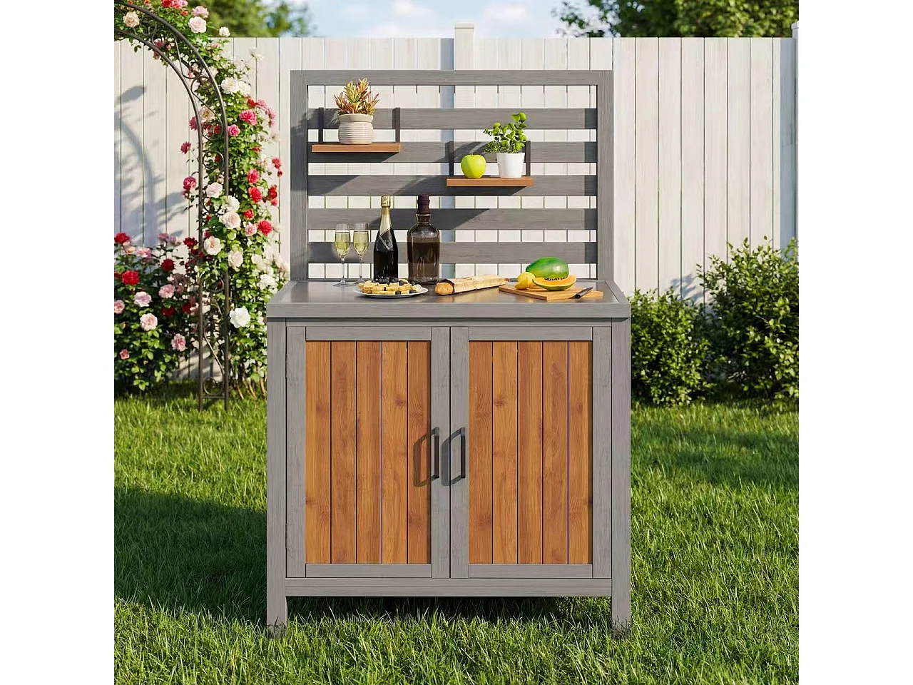 Gartenschrank aus Massivholz mit Edelstahl-Platte und Regal-Rückwand - Außenbuffet, Grillstation und Aufbewahrung - 80x54x148,5cm - Grau