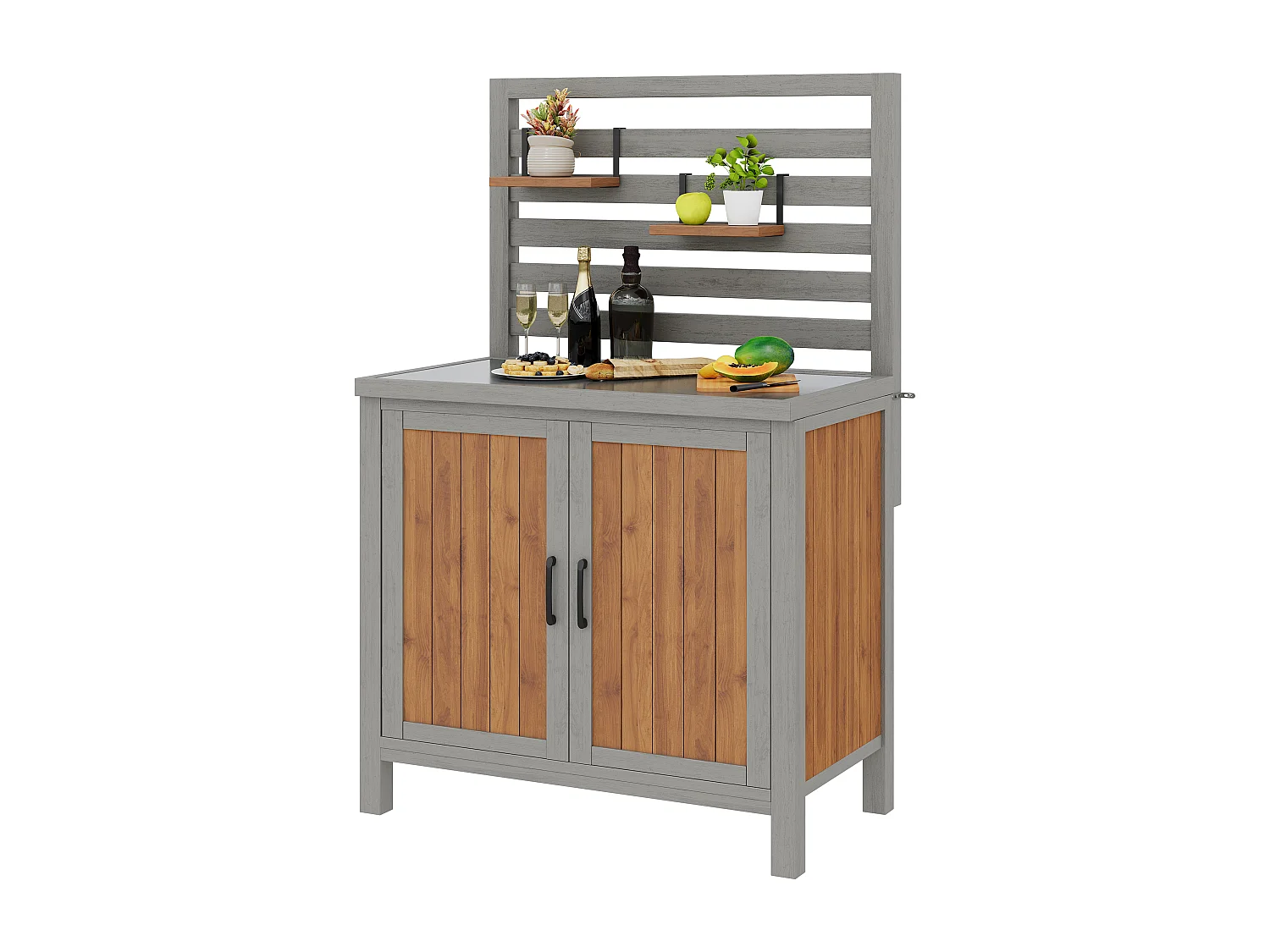 Gartenschrank aus Massivholz mit Edelstahl-Platte und Regal-Rückwand - Außenbuffet, Grillstation und Aufbewahrung - 80x54x148,5cm - Grau