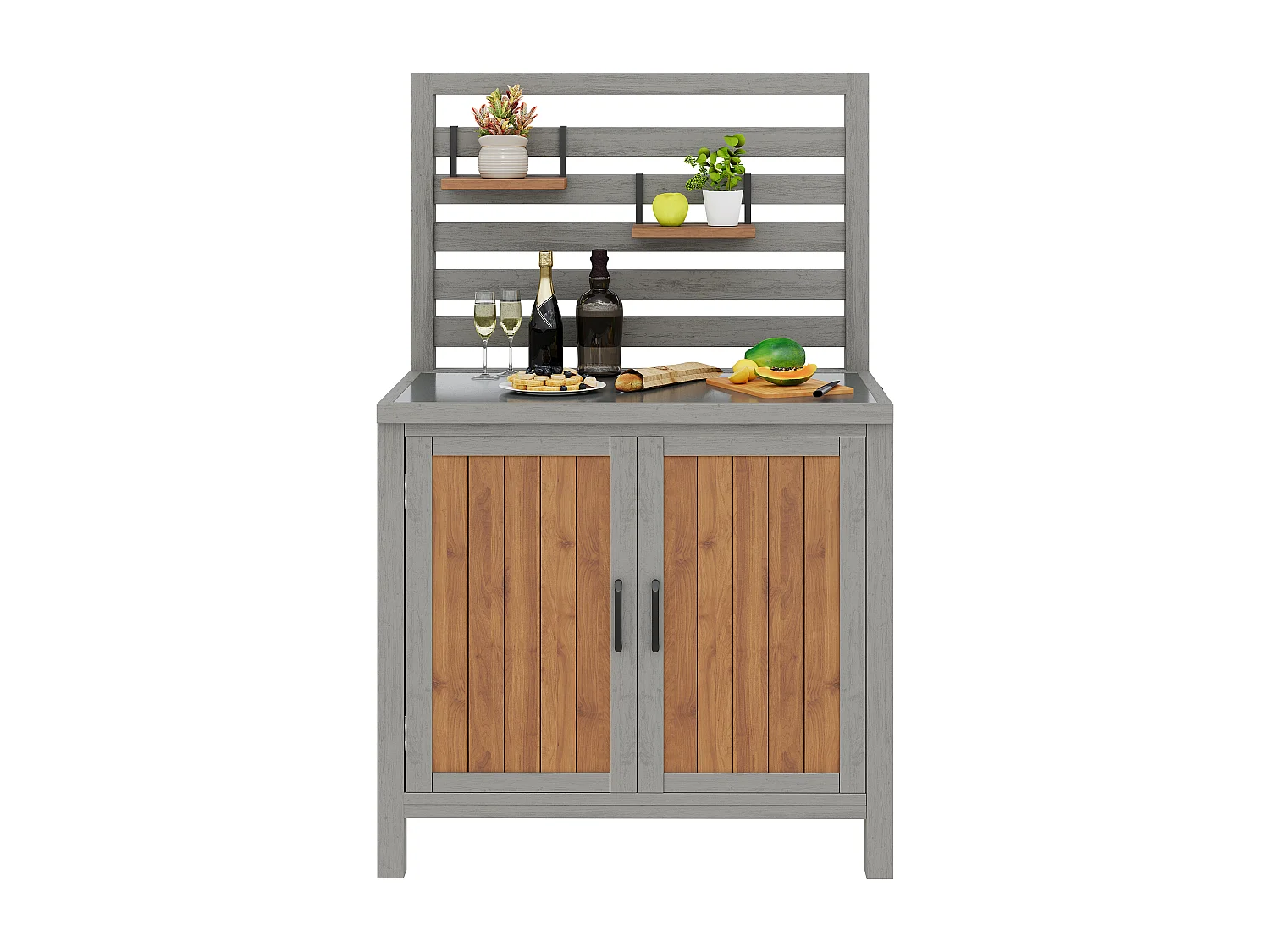 Gartenschrank aus Massivholz mit Edelstahl-Platte und Regal-Rückwand - Außenbuffet, Grillstation und Aufbewahrung - 80x54x148,5cm - Grau