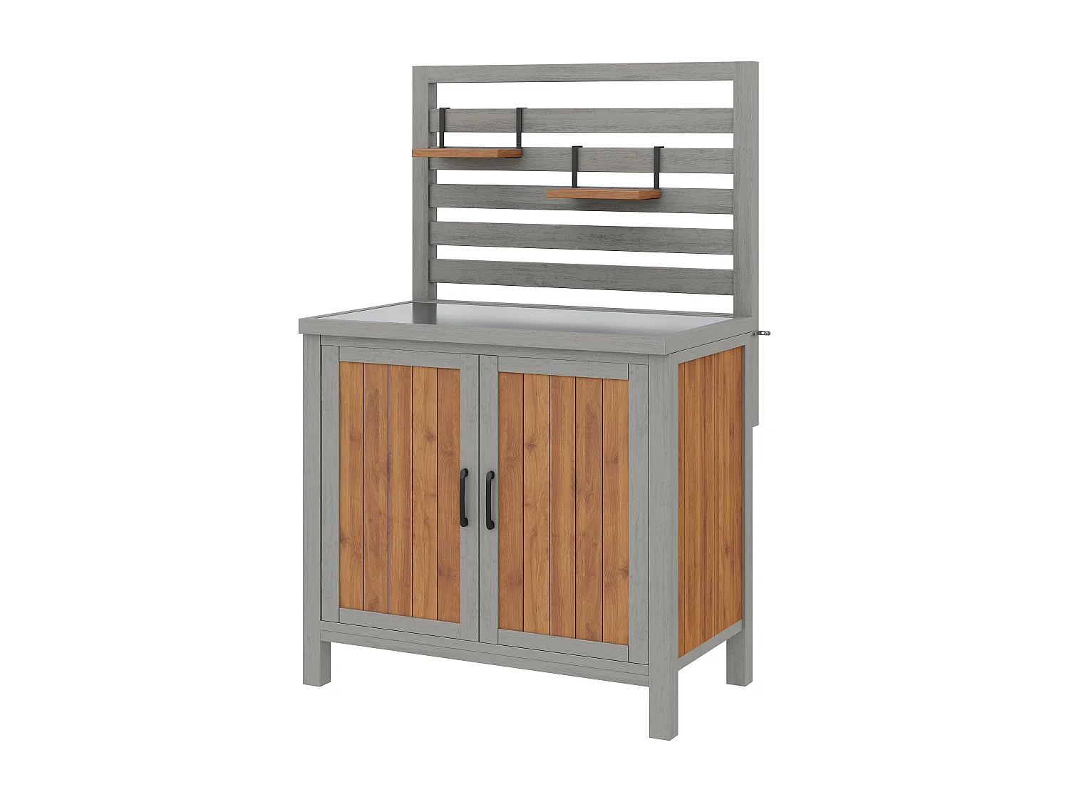 Gartenschrank aus Massivholz mit Edelstahl-Platte und Regal-Rückwand - Außenbuffet, Grillstation und Aufbewahrung - 80x54x148,5cm - Grau