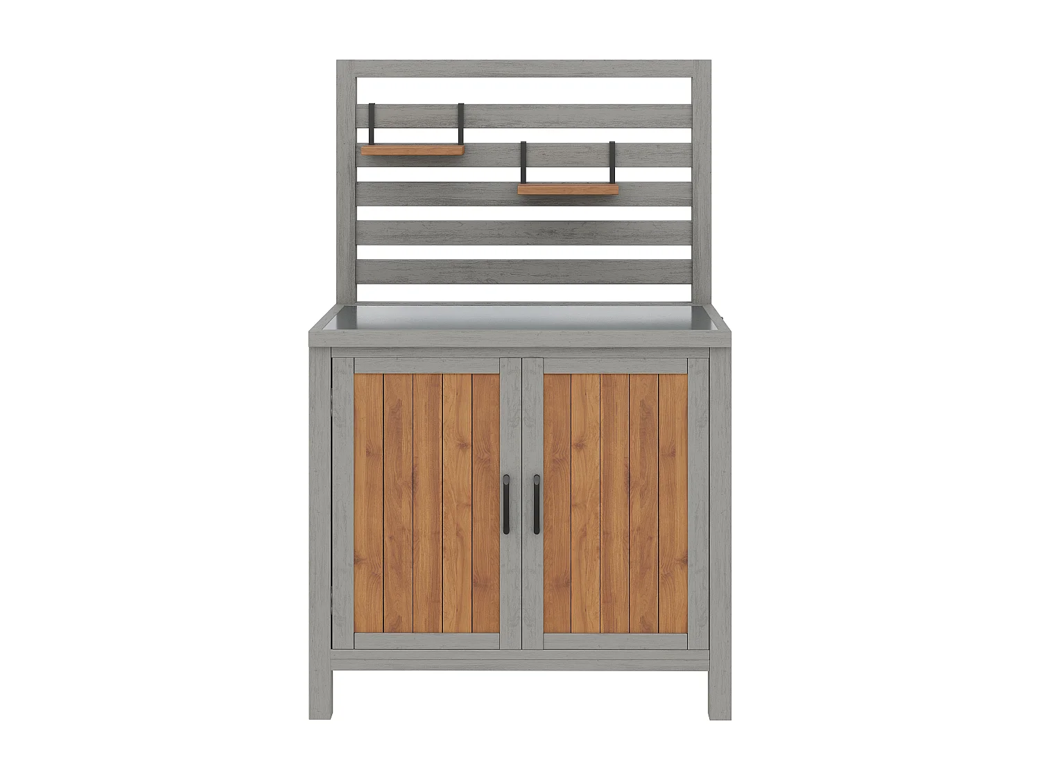 Gartenschrank aus Massivholz mit Edelstahl-Platte und Regal-Rückwand - Außenbuffet, Grillstation und Aufbewahrung - 80x54x148,5cm - Grau