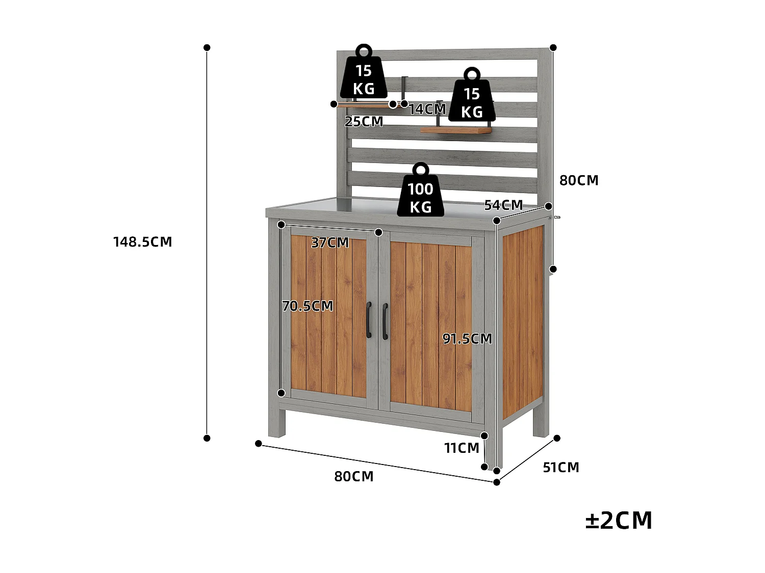 Gartenschrank aus Massivholz mit Edelstahl-Platte und Regal-Rückwand - Außenbuffet, Grillstation und Aufbewahrung - 80x54x148,5cm - Grau