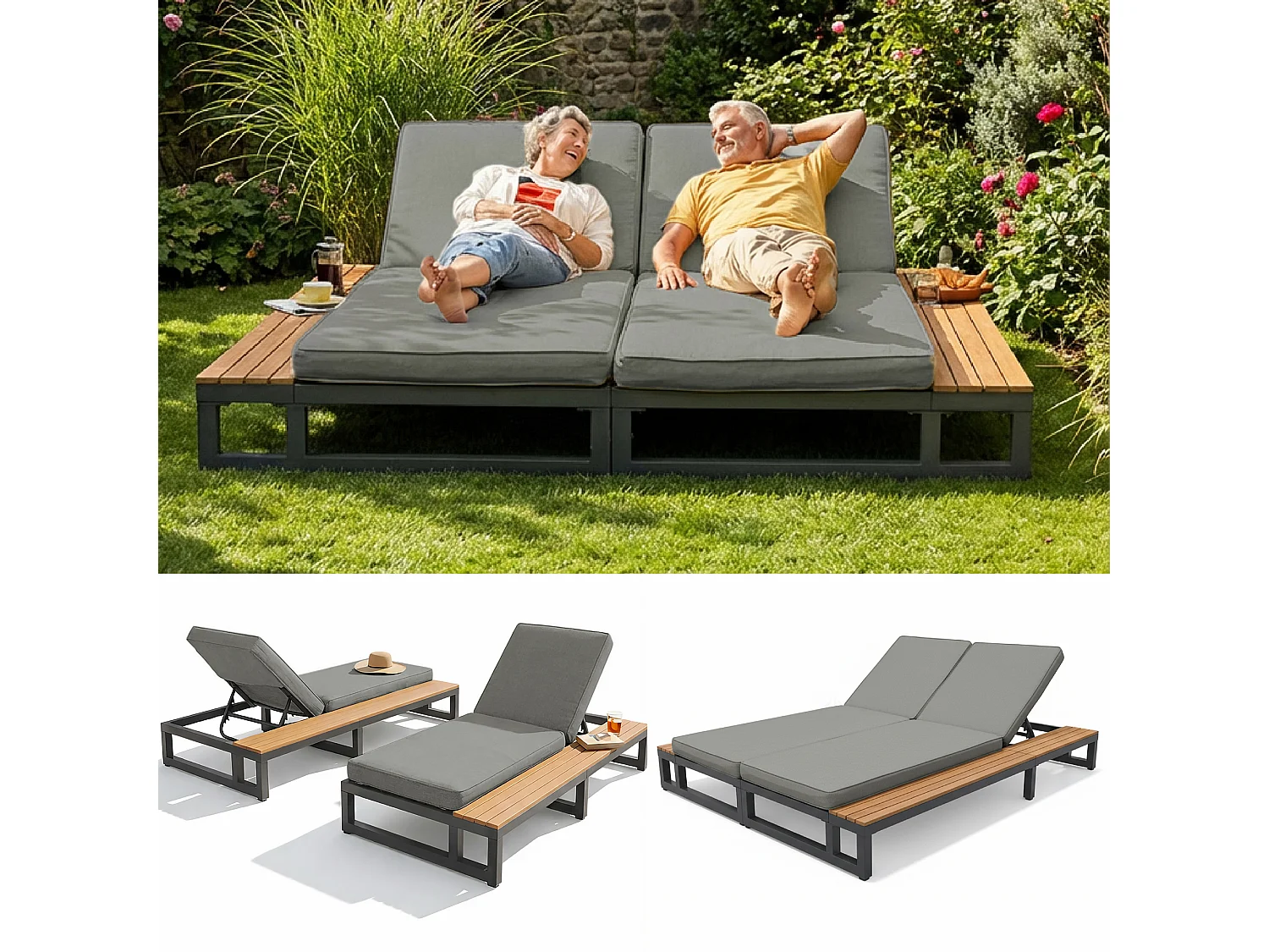 Bain de Soleil de Jardin Double avec Tablettes Latérales en WPC - Lit de Repos XXL 2 Places - Dossiers Inclinables Indépendants - Gris