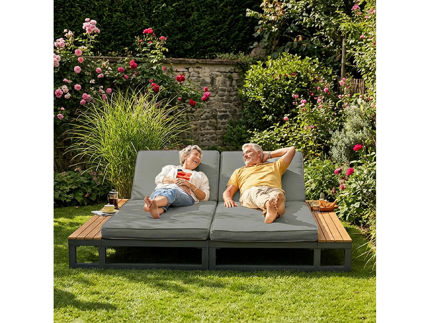 Bain de Soleil de Jardin Double avec Tablettes Latérales en WPC - Lit de Repos XXL 2 Places - Dossiers Inclinables Indépendants - Gris