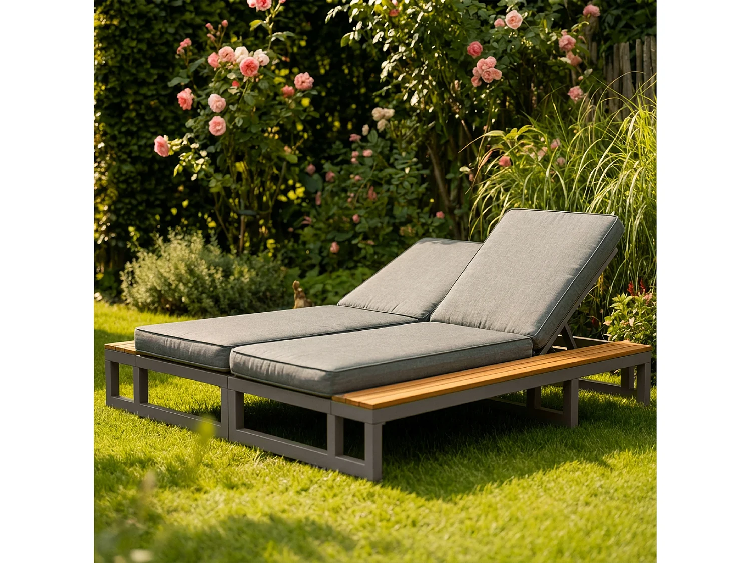 Bain de Soleil de Jardin Double avec Tablettes Latérales en WPC - Lit de Repos XXL 2 Places - Dossiers Inclinables Indépendants - Gris