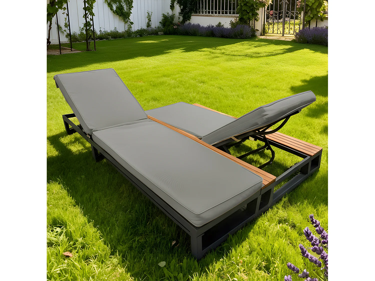 Bain de Soleil de Jardin Double avec Tablettes Latérales en WPC - Lit de Repos XXL 2 Places - Dossiers Inclinables Indépendants - Gris