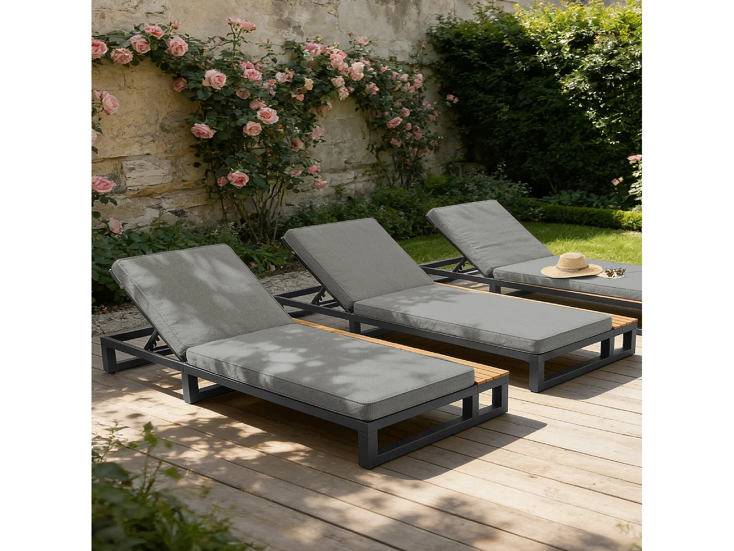 Bain de Soleil de Jardin Double avec Tablettes Latérales en WPC - Lit de Repos XXL 2 Places - Dossiers Inclinables Indépendants - Gris