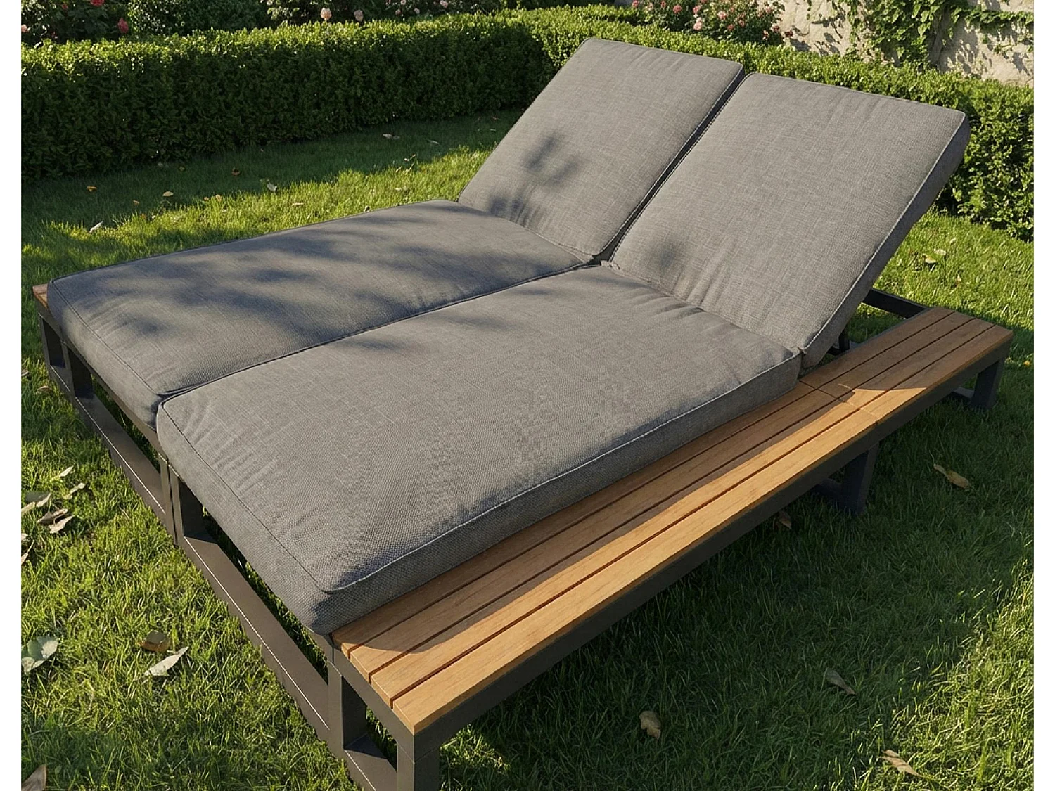 Bain de Soleil de Jardin Double avec Tablettes Latérales en WPC - Lit de Repos XXL 2 Places - Dossiers Inclinables Indépendants - Gris
