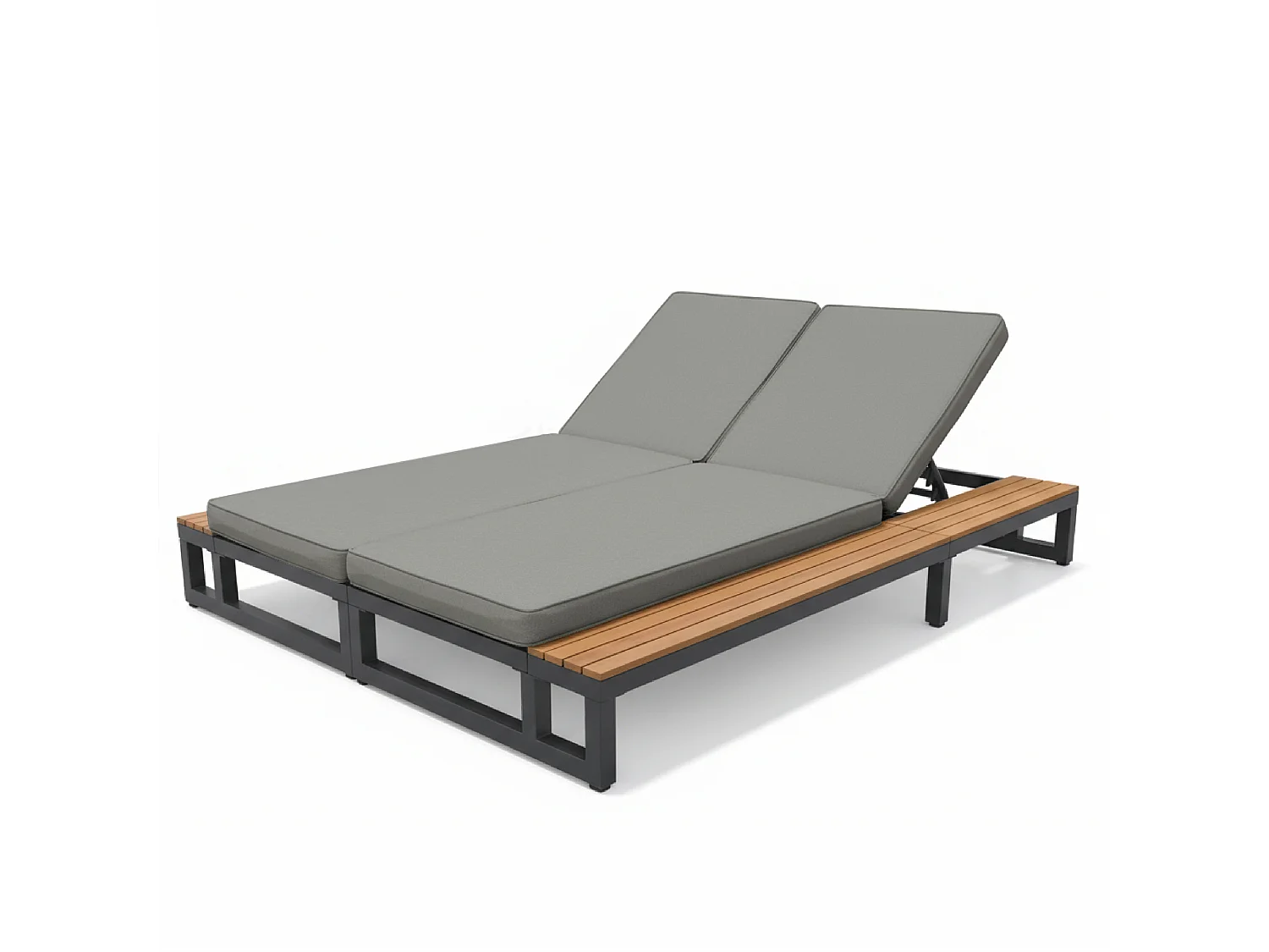 Bain de Soleil de Jardin Double avec Tablettes Latérales en WPC - Lit de Repos XXL 2 Places - Dossiers Inclinables Indépendants - Gris
