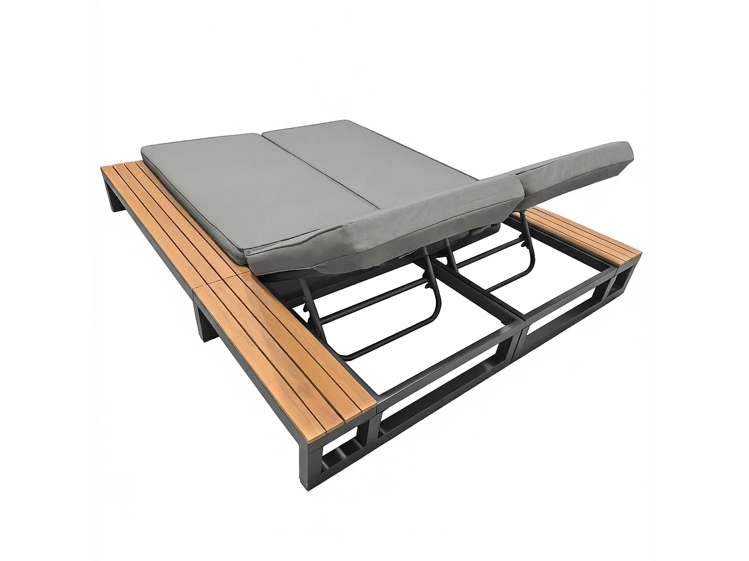 Bain de Soleil de Jardin Double avec Tablettes Latérales en WPC - Lit de Repos XXL 2 Places - Dossiers Inclinables Indépendants - Gris