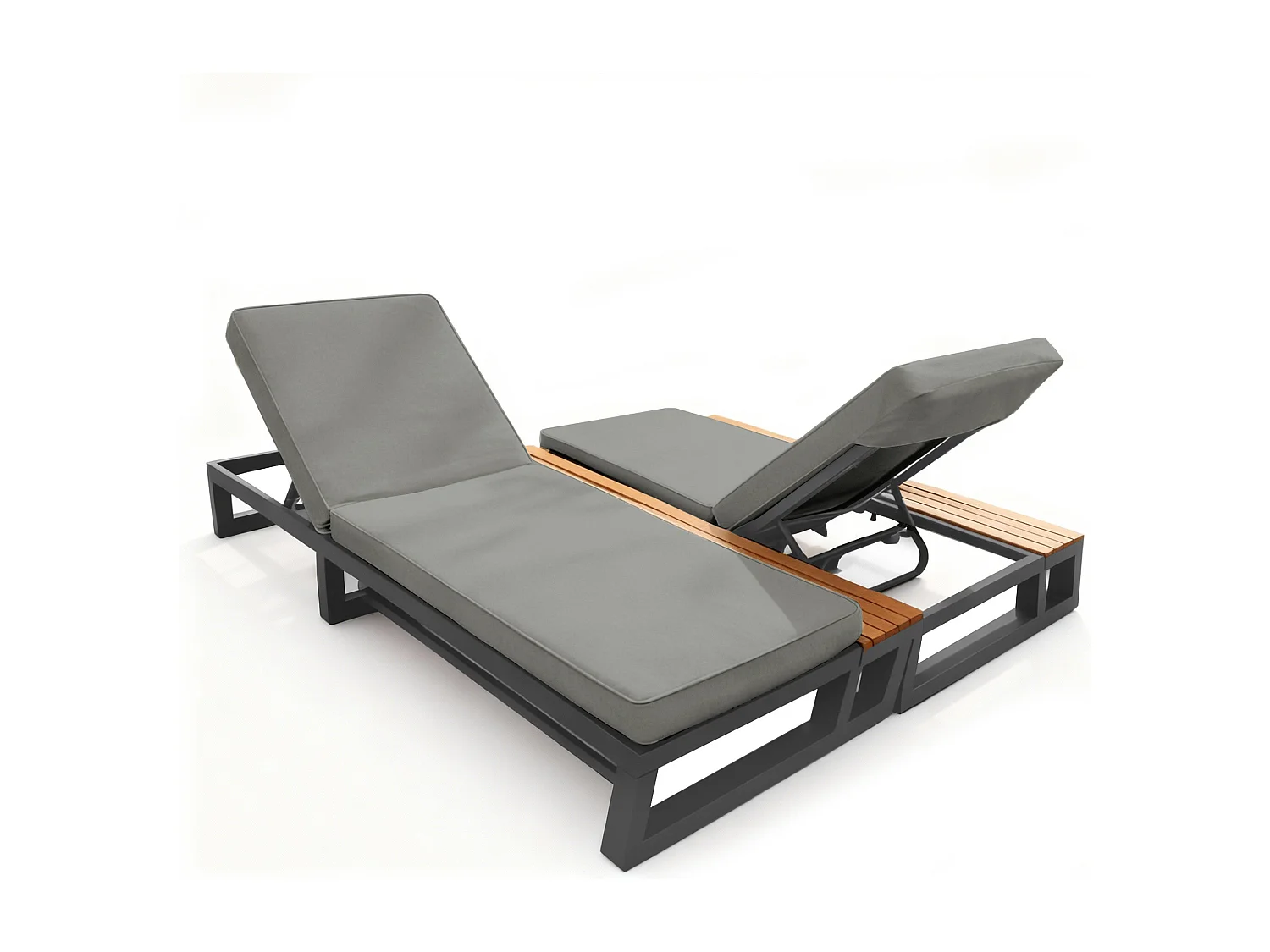 Bain de Soleil de Jardin Double avec Tablettes Latérales en WPC - Lit de Repos XXL 2 Places - Dossiers Inclinables Indépendants - Gris