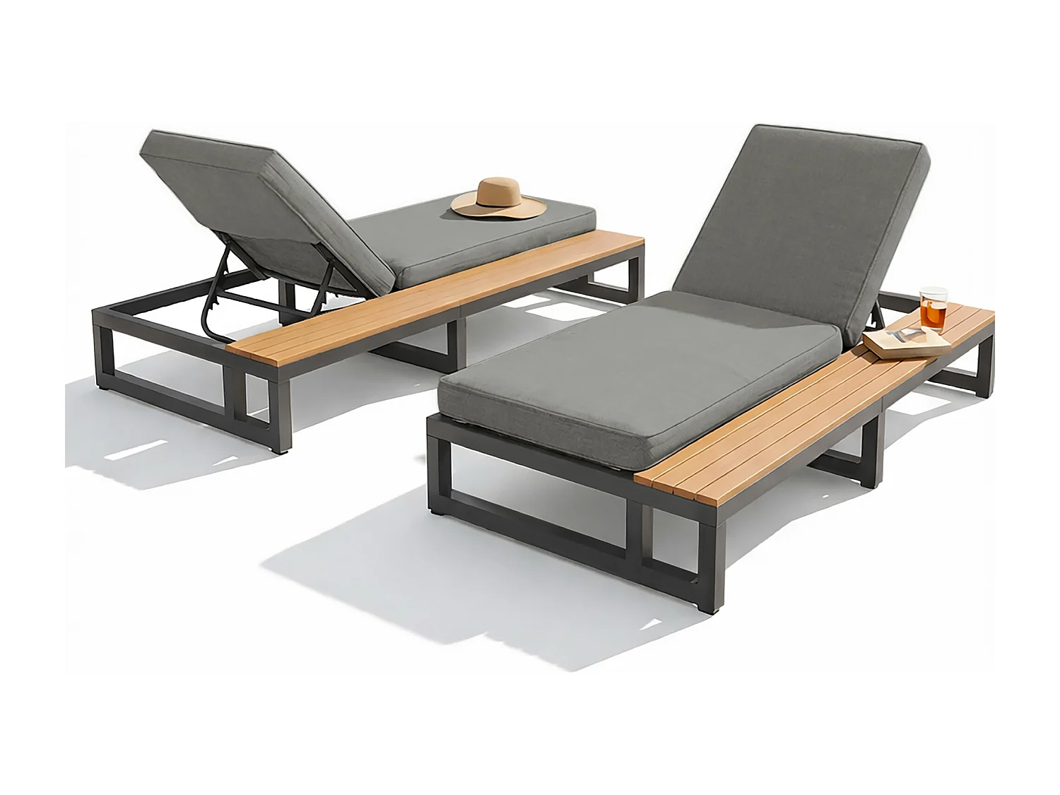 Bain de Soleil de Jardin Double avec Tablettes Latérales en WPC - Lit de Repos XXL 2 Places - Dossiers Inclinables Indépendants - Gris