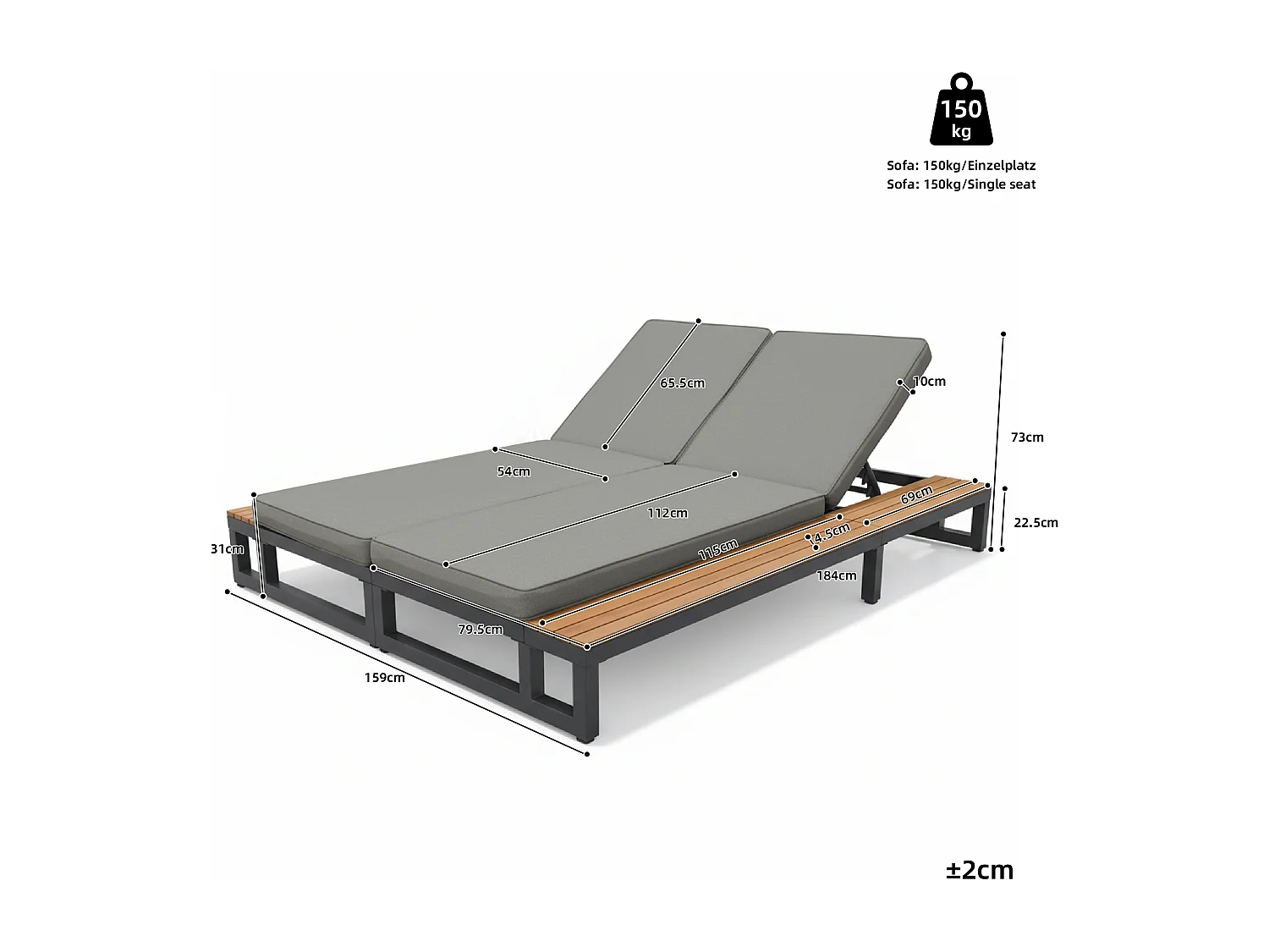 Bain de Soleil de Jardin Double avec Tablettes Latérales en WPC - Lit de Repos XXL 2 Places - Dossiers Inclinables Indépendants - Gris