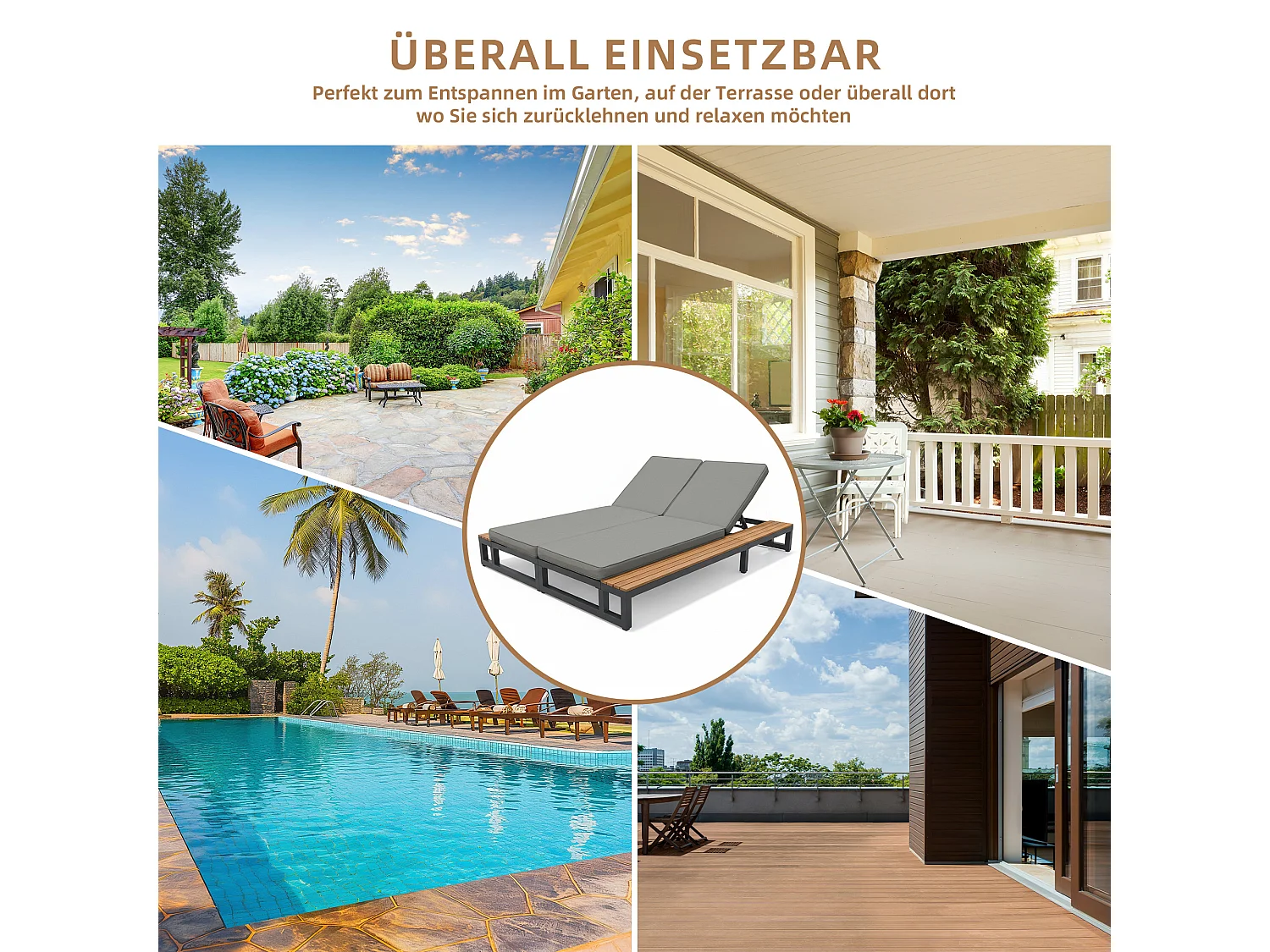 Espreguiçadeira de Jardim con Prancha Lateral em WPC - Encosto Inclinável 4 Posiciones - Estrutura Aço e Madeira Composta - Cinza