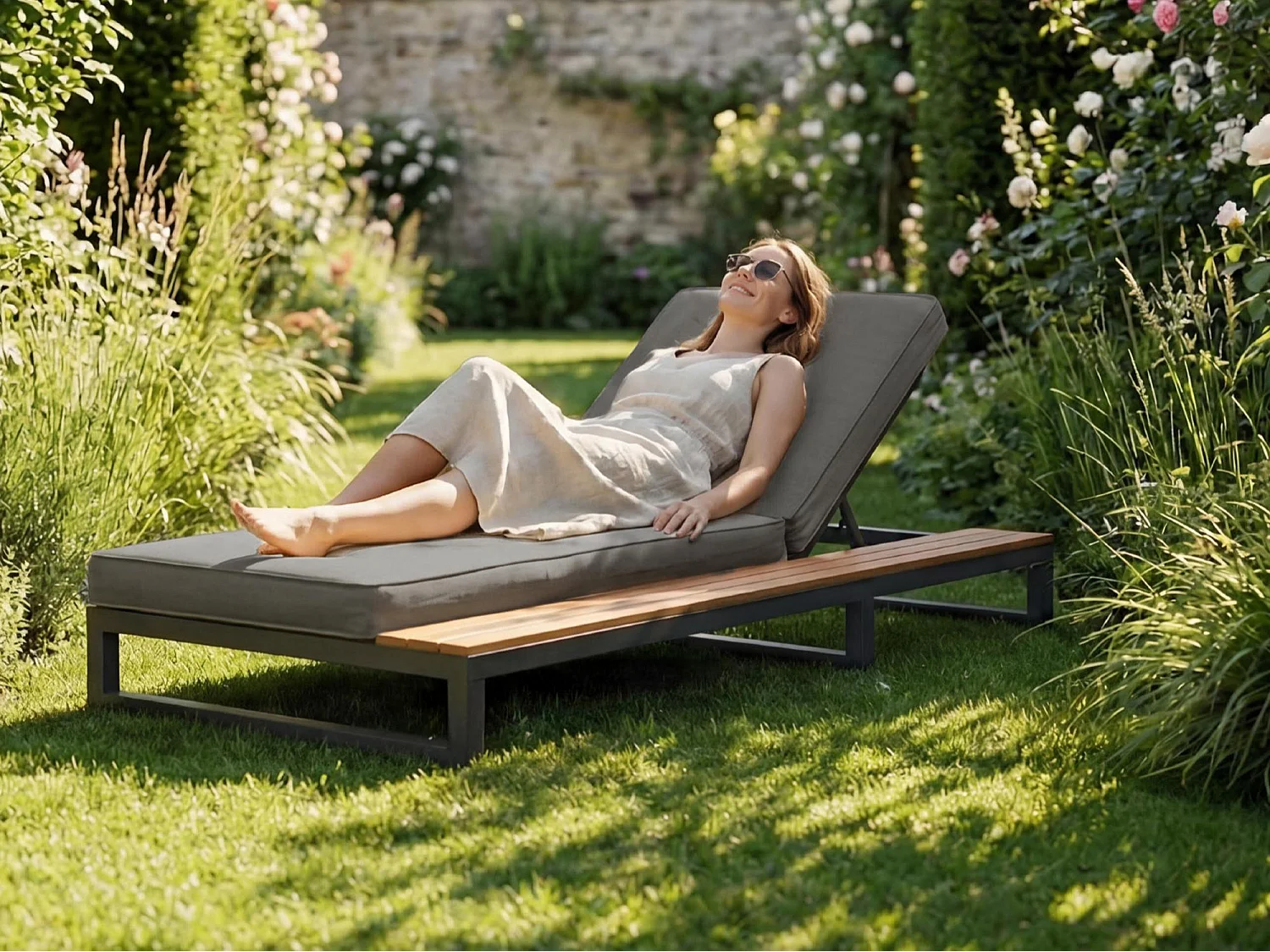 Bain de Soleil de Jardin avec Tablette Latérale en WPC - Dossier Inclinable 4 Positions - Structure Acier et Bois Composite - Gris