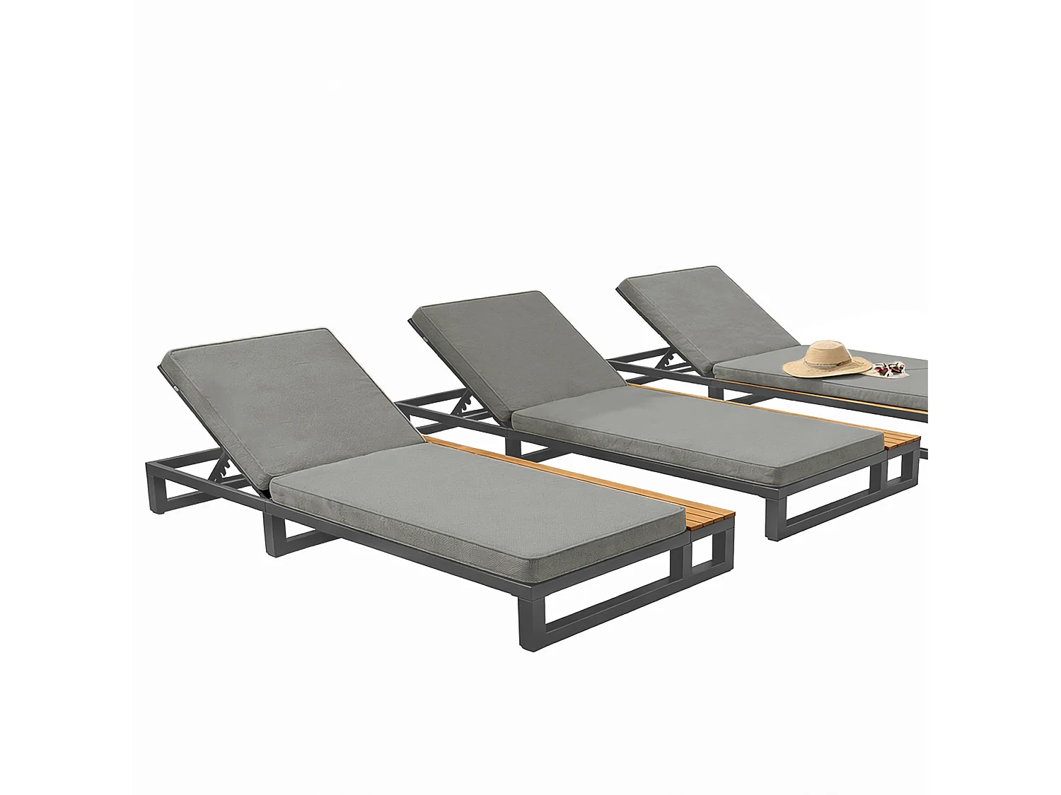 Bain de Soleil de Jardin avec Tablette Latérale en WPC - Dossier Inclinable 4 Positions - Structure Acier et Bois Composite - Gris