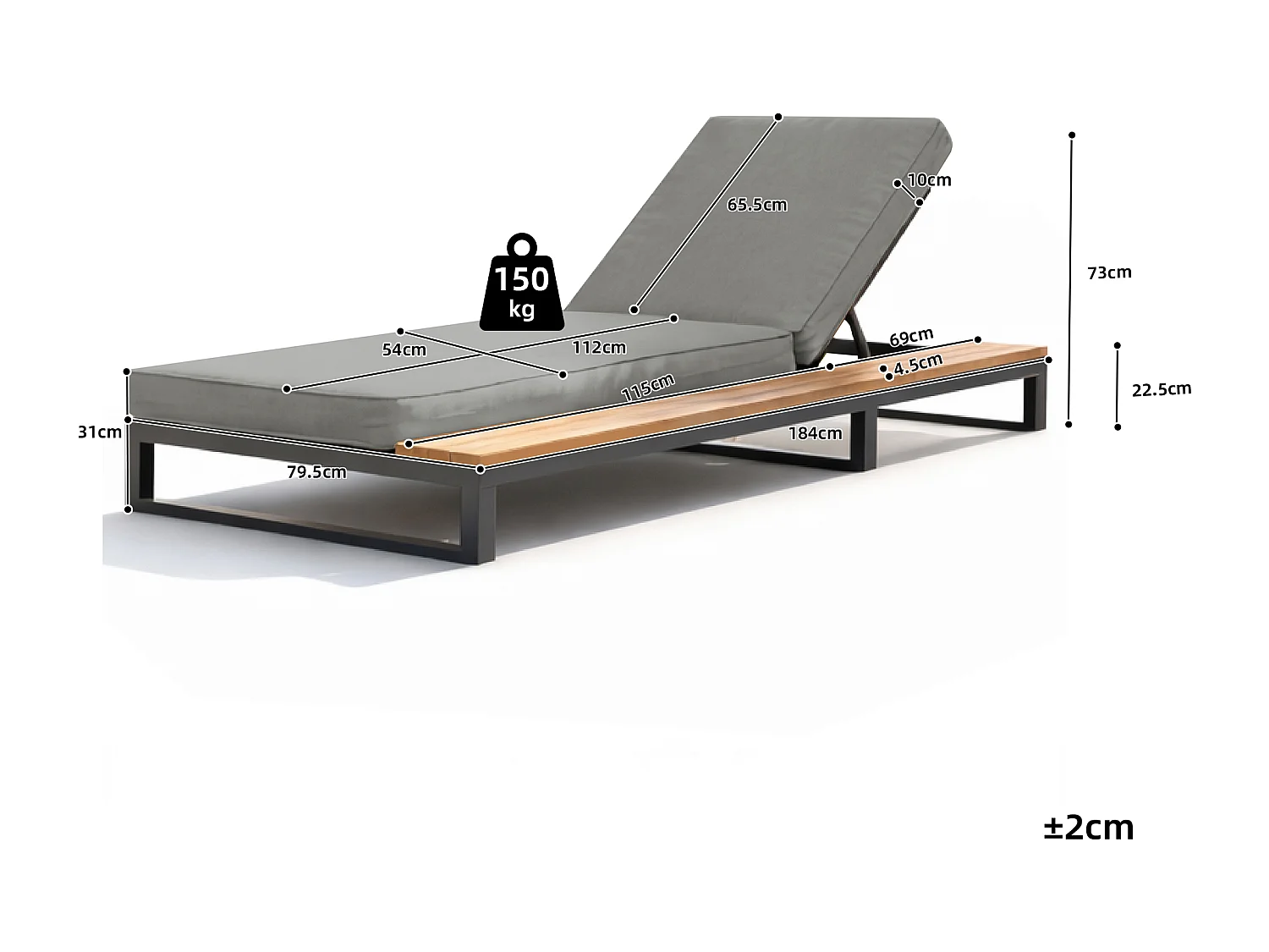 Espreguiçadeira de Jardim con Prancha Lateral em WPC - Encosto Inclinável 4 Posiciones - Estrutura Aço e Madeira Composta - Cinza