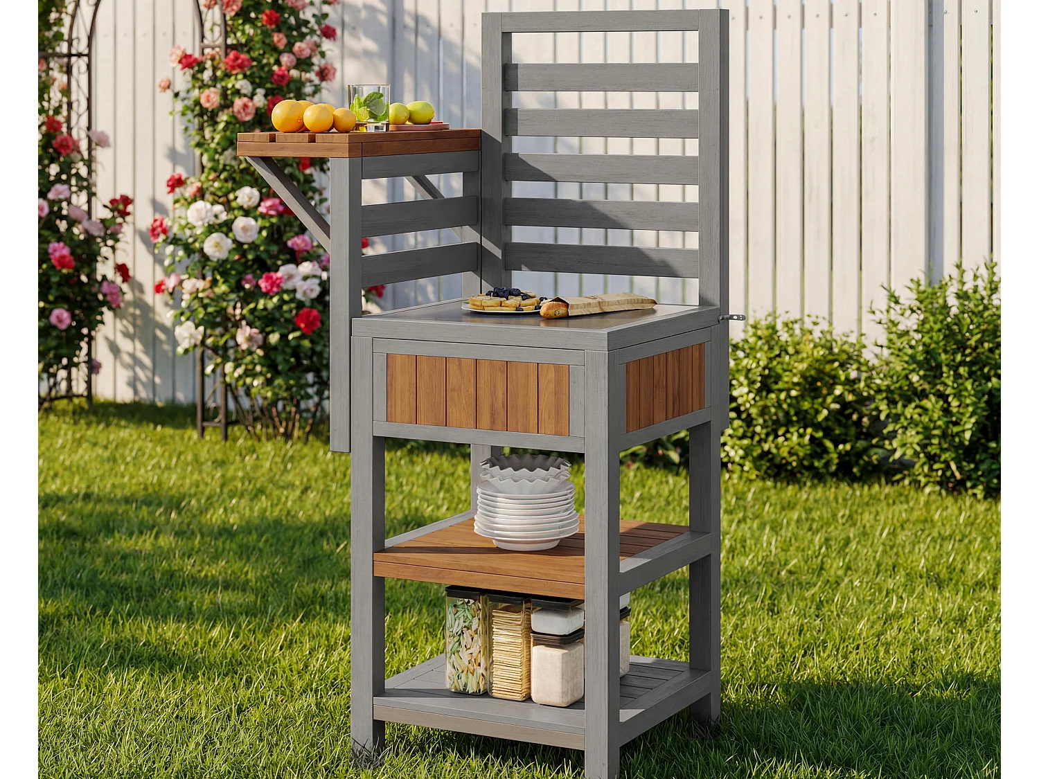 Serviertisch für Garten mit Edelstahl-Platte und Klappbrett - Hoher Aufbewahrungsschrank aus Massivholz für Balkon und Terrasse - 74x54x149cm - Grau