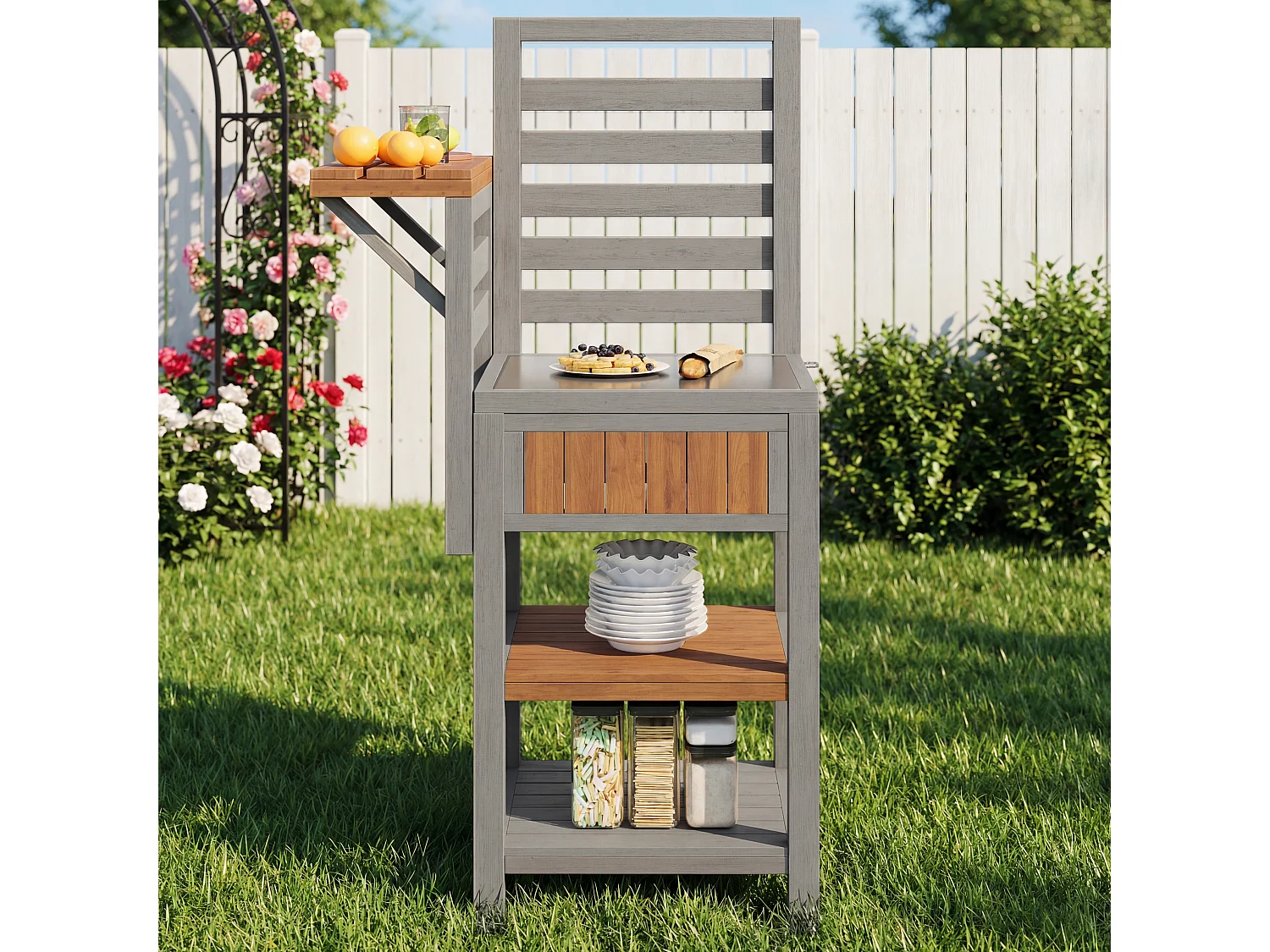 Serviertisch für Garten mit Edelstahl-Platte und Klappbrett - Hoher Aufbewahrungsschrank aus Massivholz für Balkon und Terrasse - 74x54x149cm - Grau