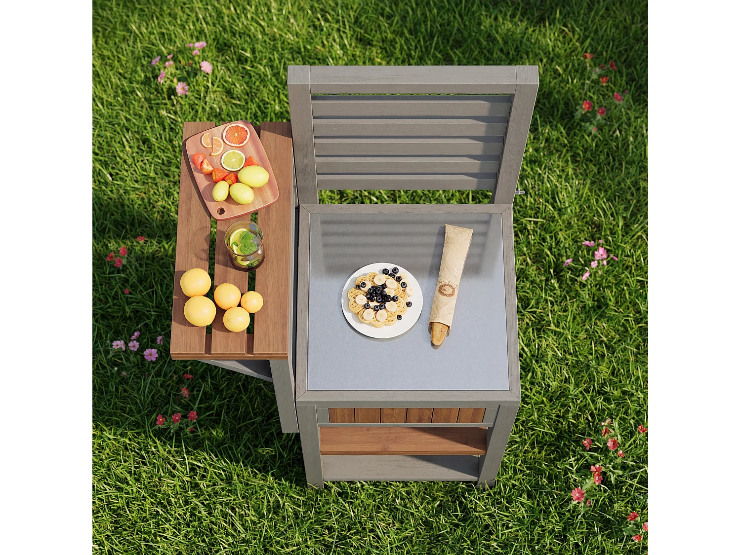 Serviertisch für Garten mit Edelstahl-Platte und Klappbrett - Hoher Aufbewahrungsschrank aus Massivholz für Balkon und Terrasse - 74x54x149cm - Grau