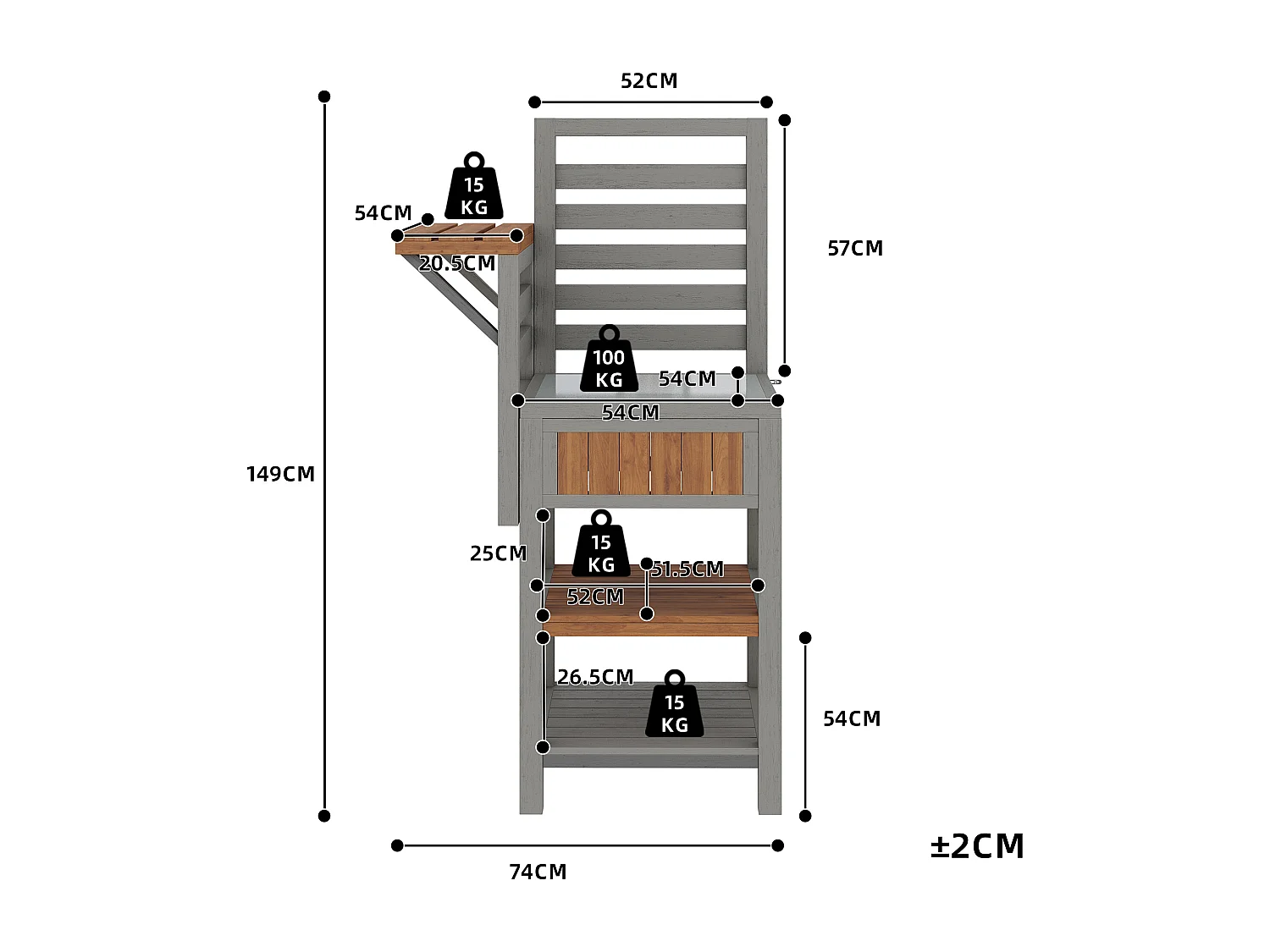 Serviertisch für Garten mit Edelstahl-Platte und Klappbrett - Hoher Aufbewahrungsschrank aus Massivholz für Balkon und Terrasse - 74x54x149cm - Grau