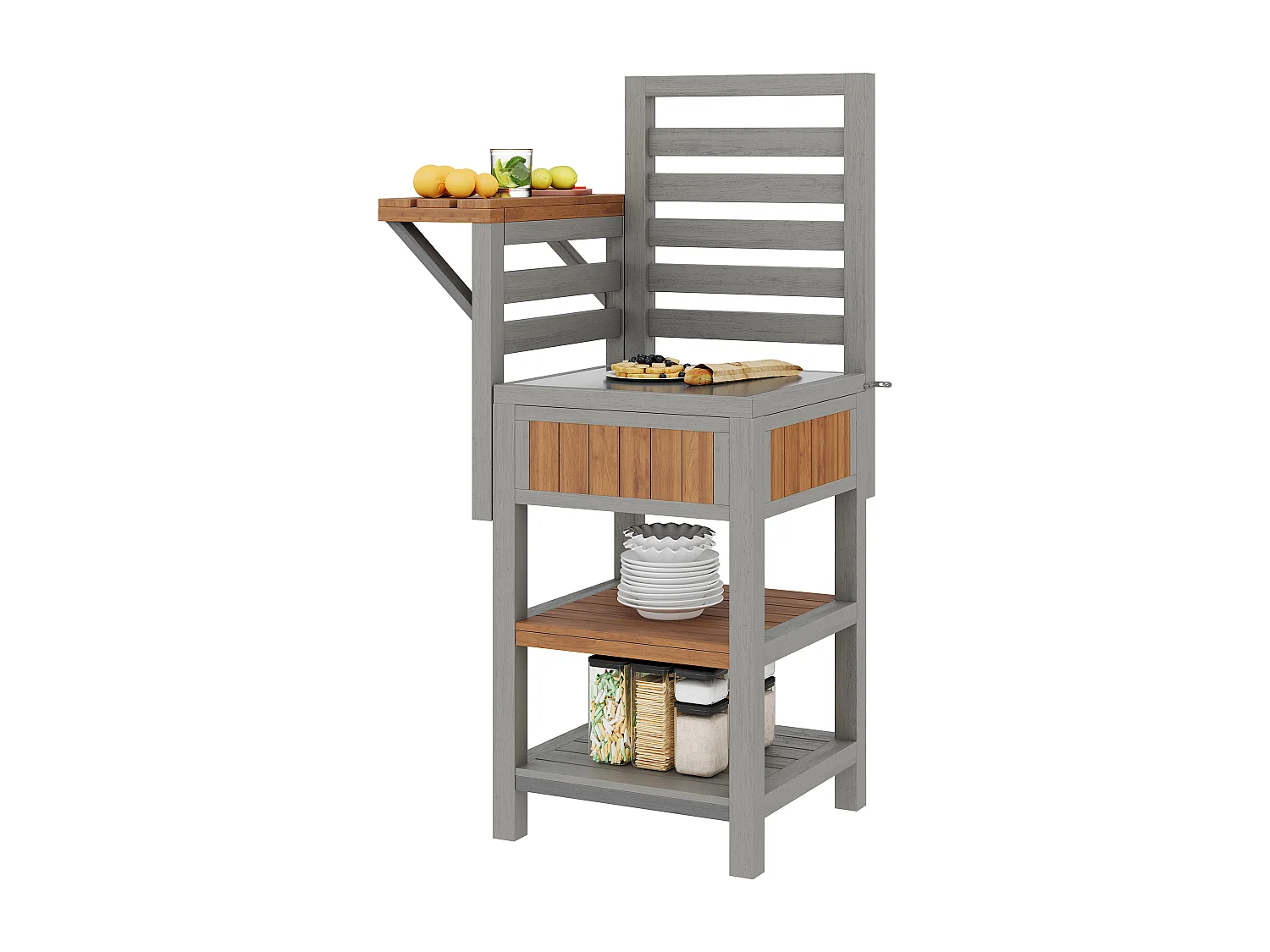 Serviertisch für Garten mit Edelstahl-Platte und Klappbrett - Hoher Aufbewahrungsschrank aus Massivholz für Balkon und Terrasse - 74x54x149cm - Grau