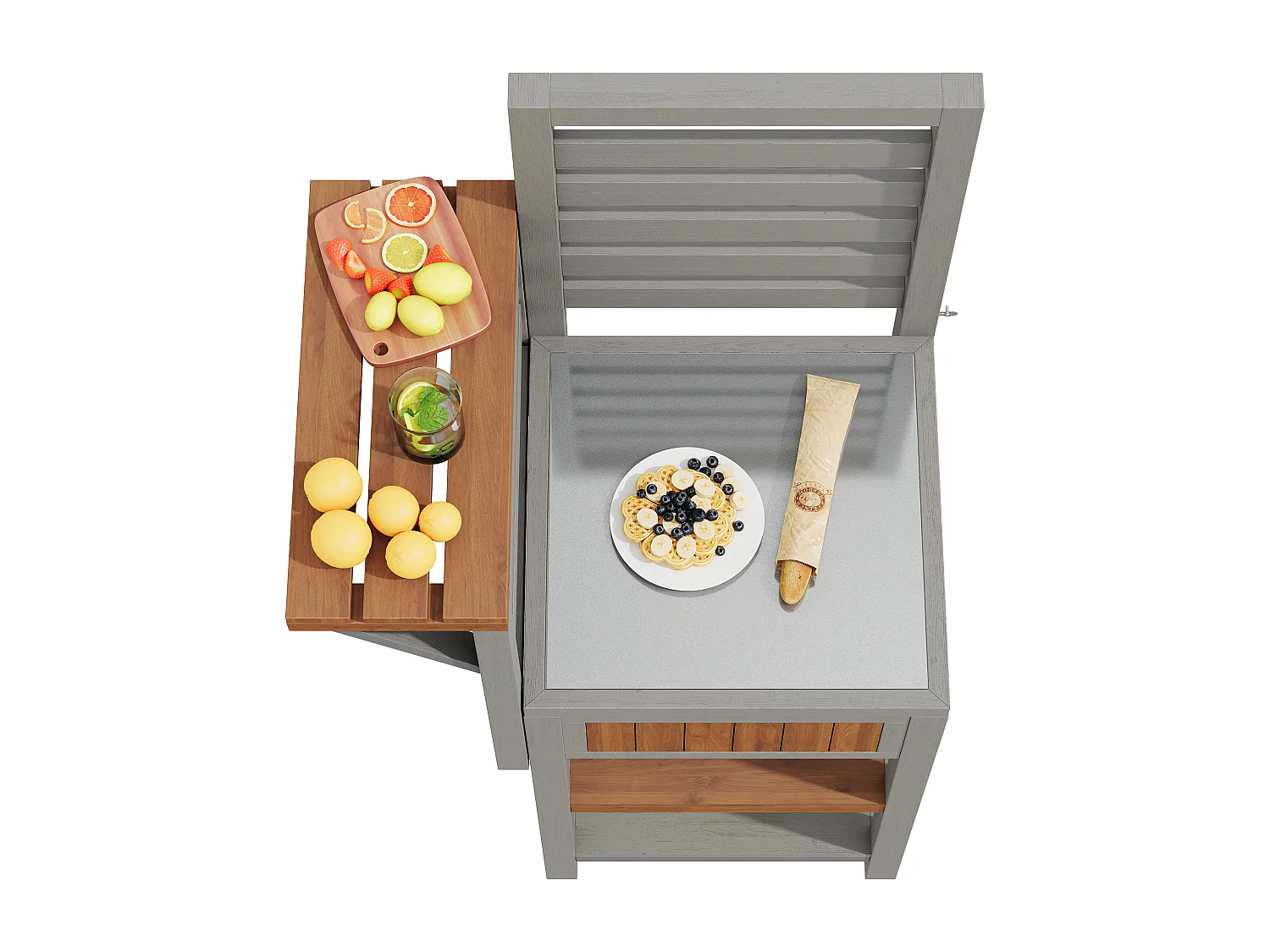 Serviertisch für Garten mit Edelstahl-Platte und Klappbrett - Hoher Aufbewahrungsschrank aus Massivholz für Balkon und Terrasse - 74x54x149cm - Grau