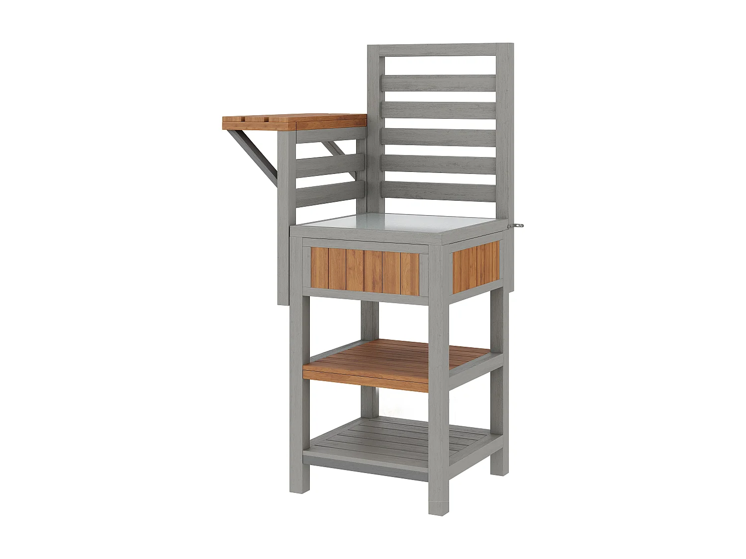 Serviertisch für Garten mit Edelstahl-Platte und Klappbrett - Hoher Aufbewahrungsschrank aus Massivholz für Balkon und Terrasse - 74x54x149cm - Grau