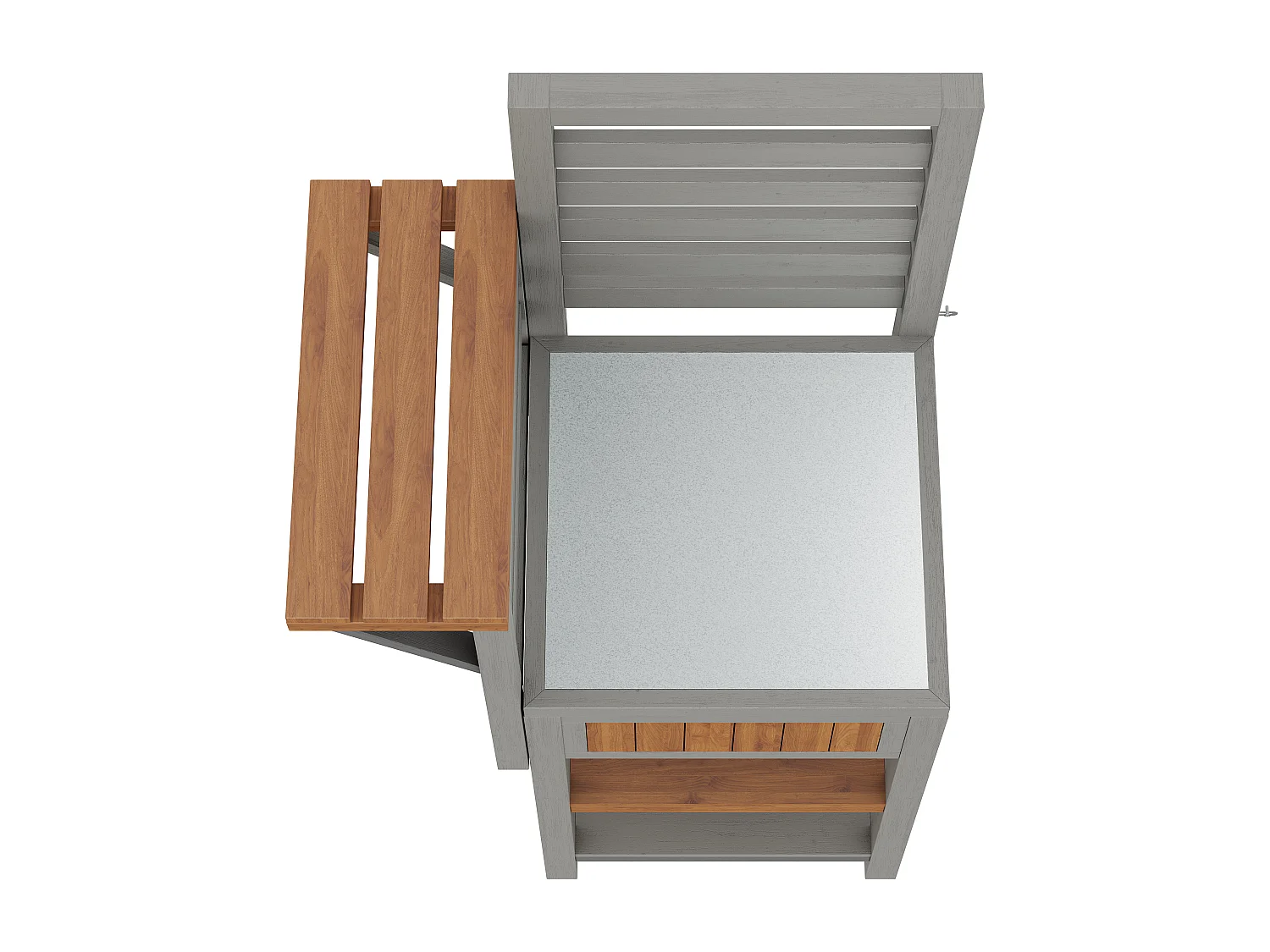 Serviertisch für Garten mit Edelstahl-Platte und Klappbrett - Hoher Aufbewahrungsschrank aus Massivholz für Balkon und Terrasse - 74x54x149cm - Grau