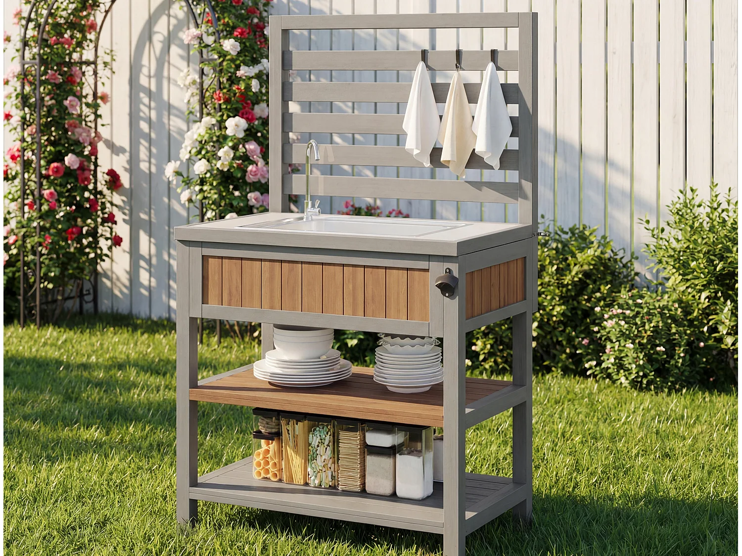 Servierwagen für Garten mit integrierter Spüle, Hahn und Flaschenöffner - Außenbuffet aus Massivholz mit Regalen und Haken - 80x51x148,5cm - Grau